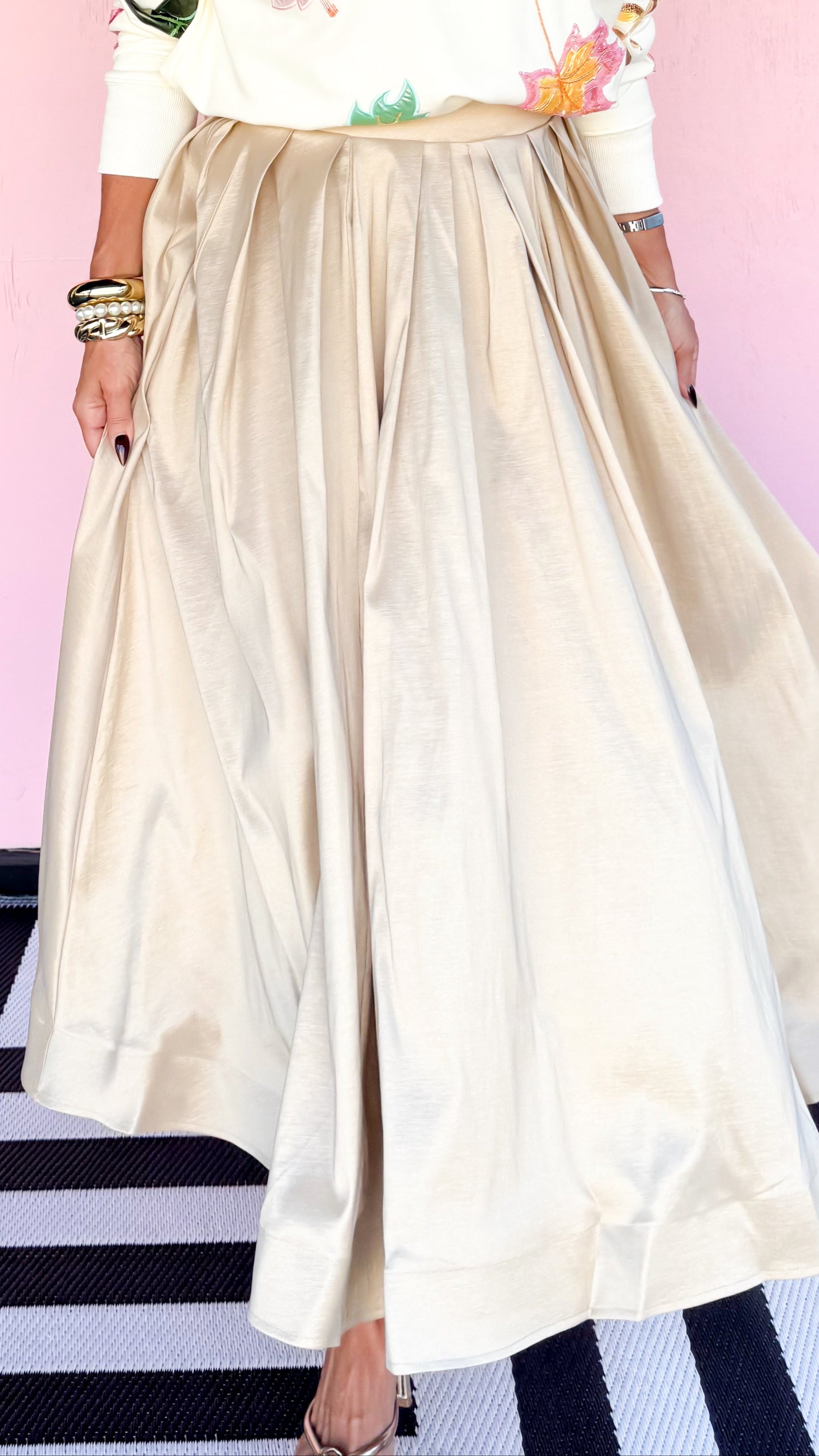 Tulle Hem Lined Maxi Skirt/Beige