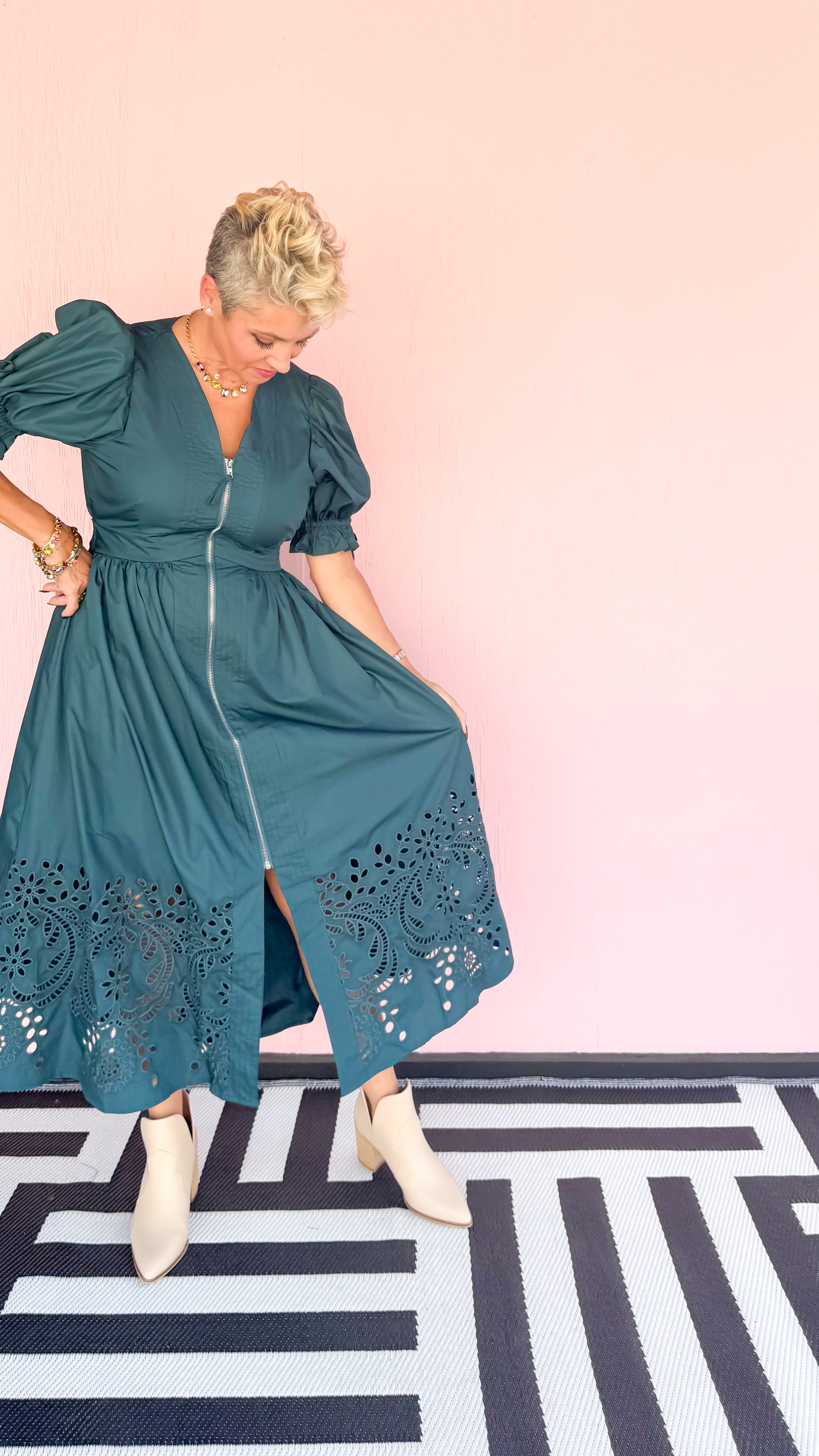 Zip Dress Eyelet Trim/Teal