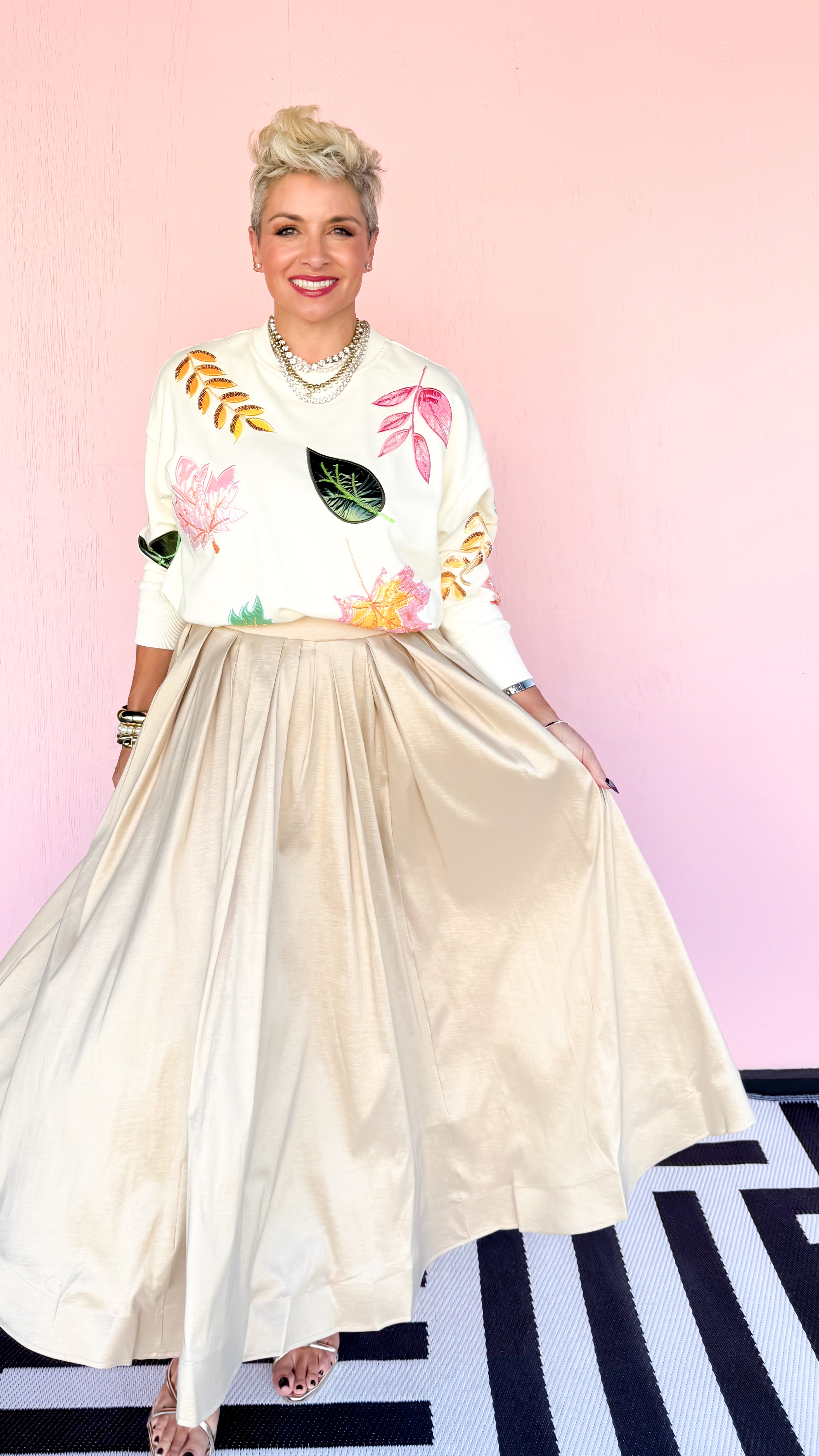 Tulle Hem Lined Maxi Skirt/Beige