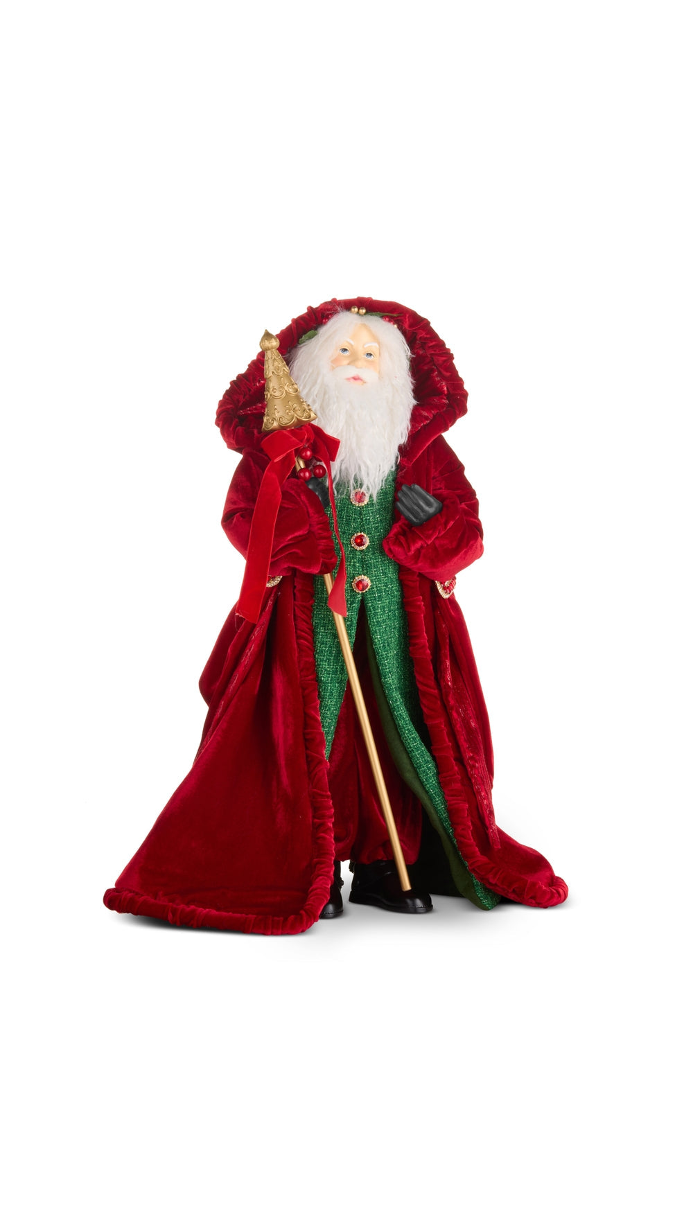 26.25 inch Enchanted Forest Santa in rich red velvety coat, full view on white