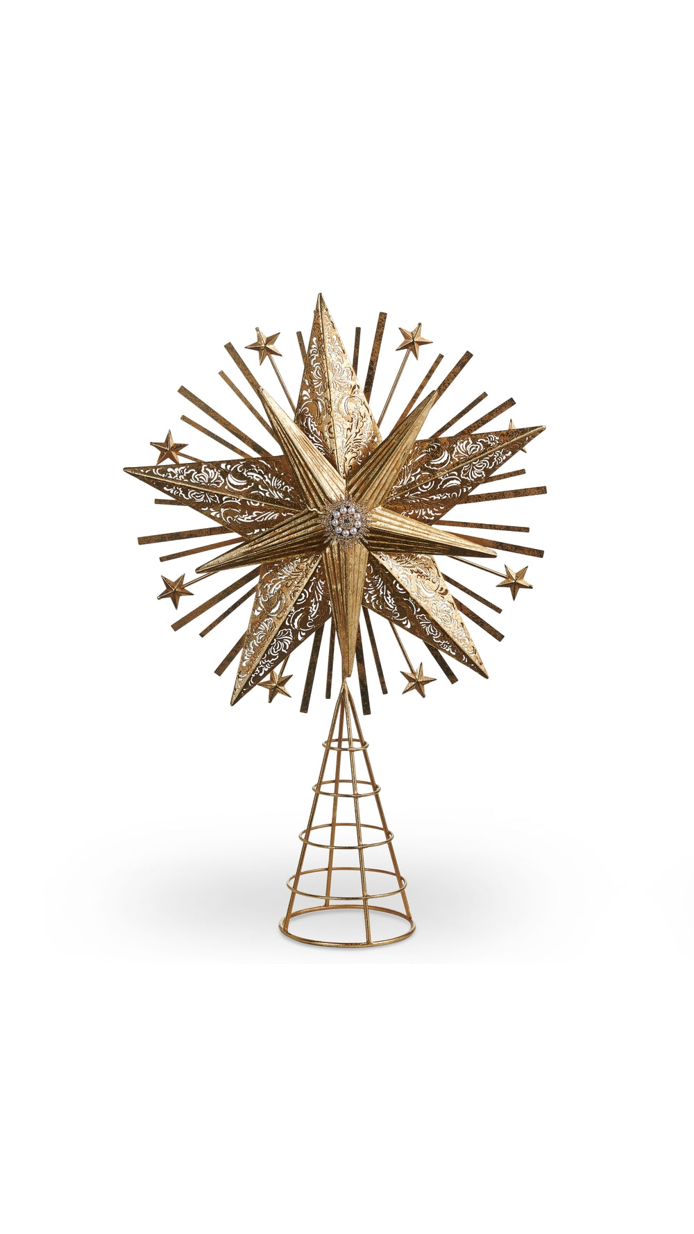 21.5 inch gold starburst Christmas tree topper, full view on white
