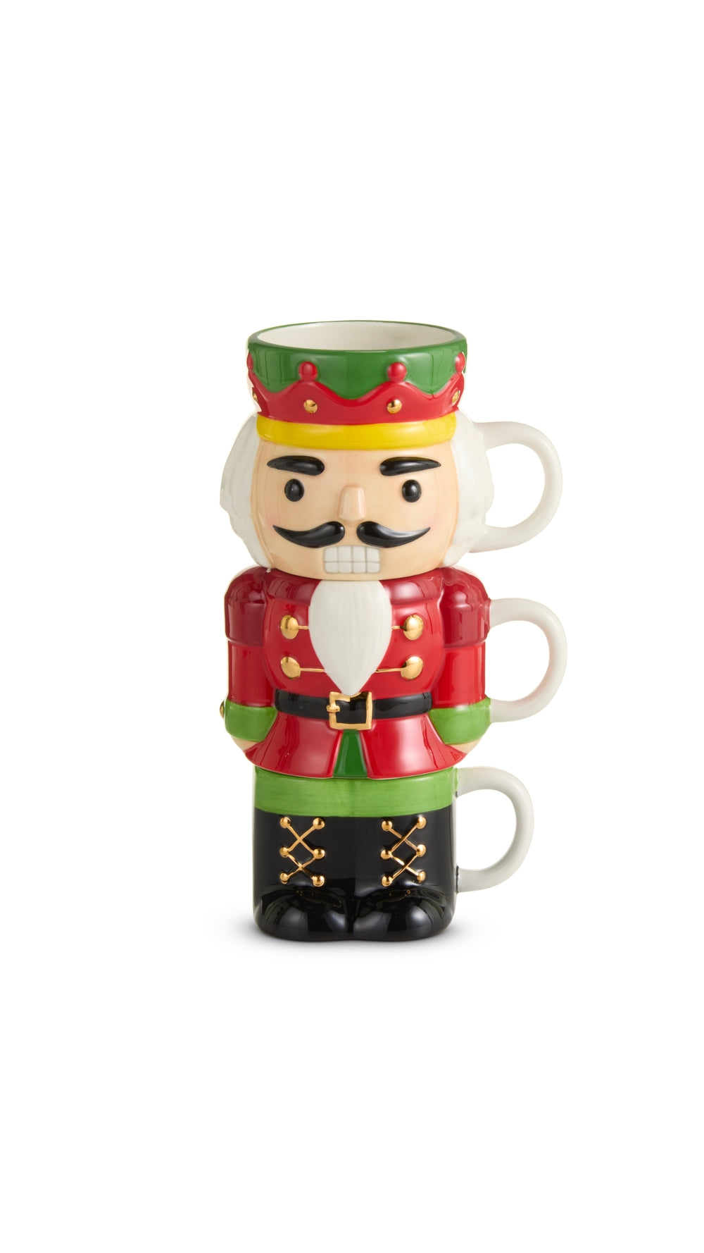 Stackable nutcracker mugs in three sizes, full view on white