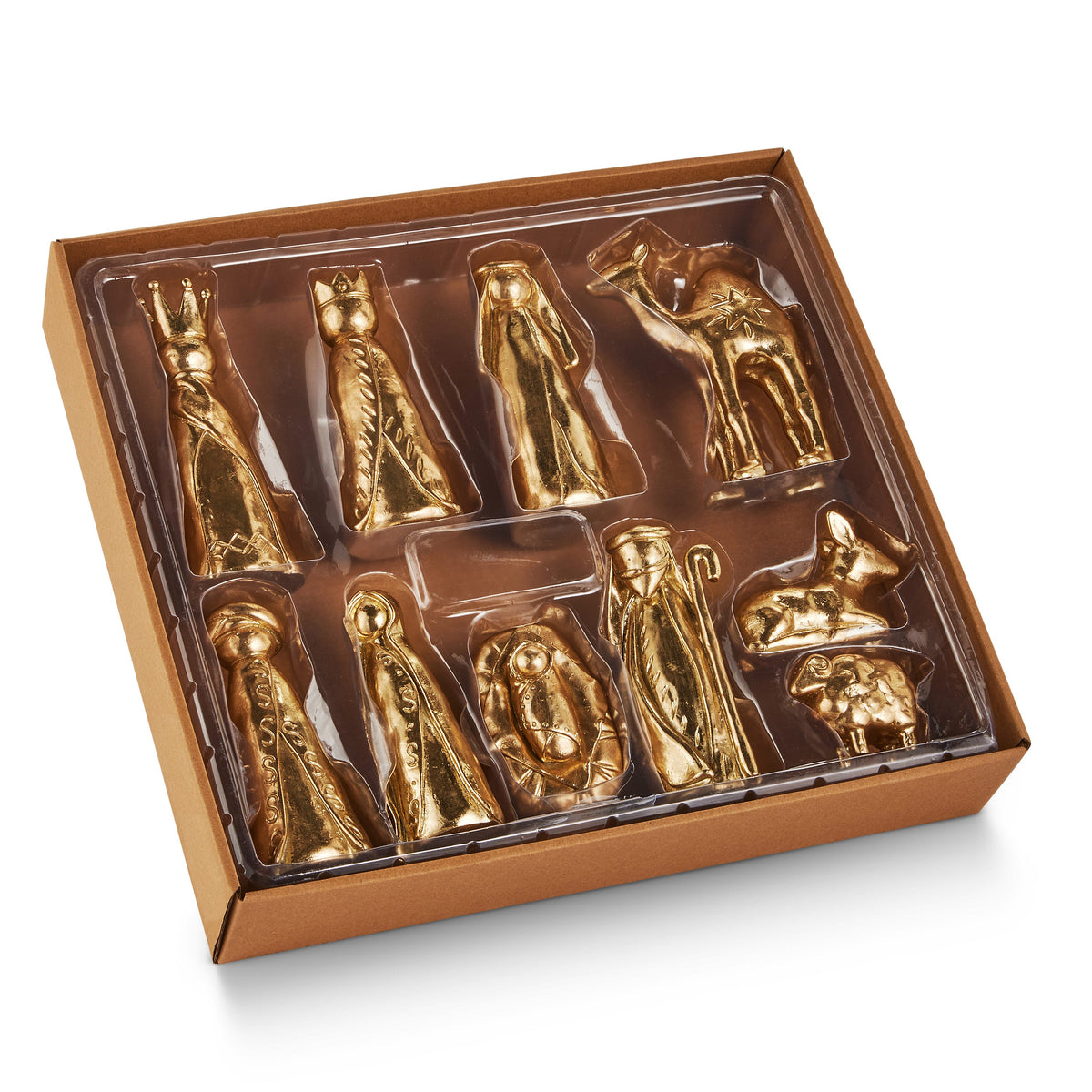 Ten-piece gold resin nativity box set, full view