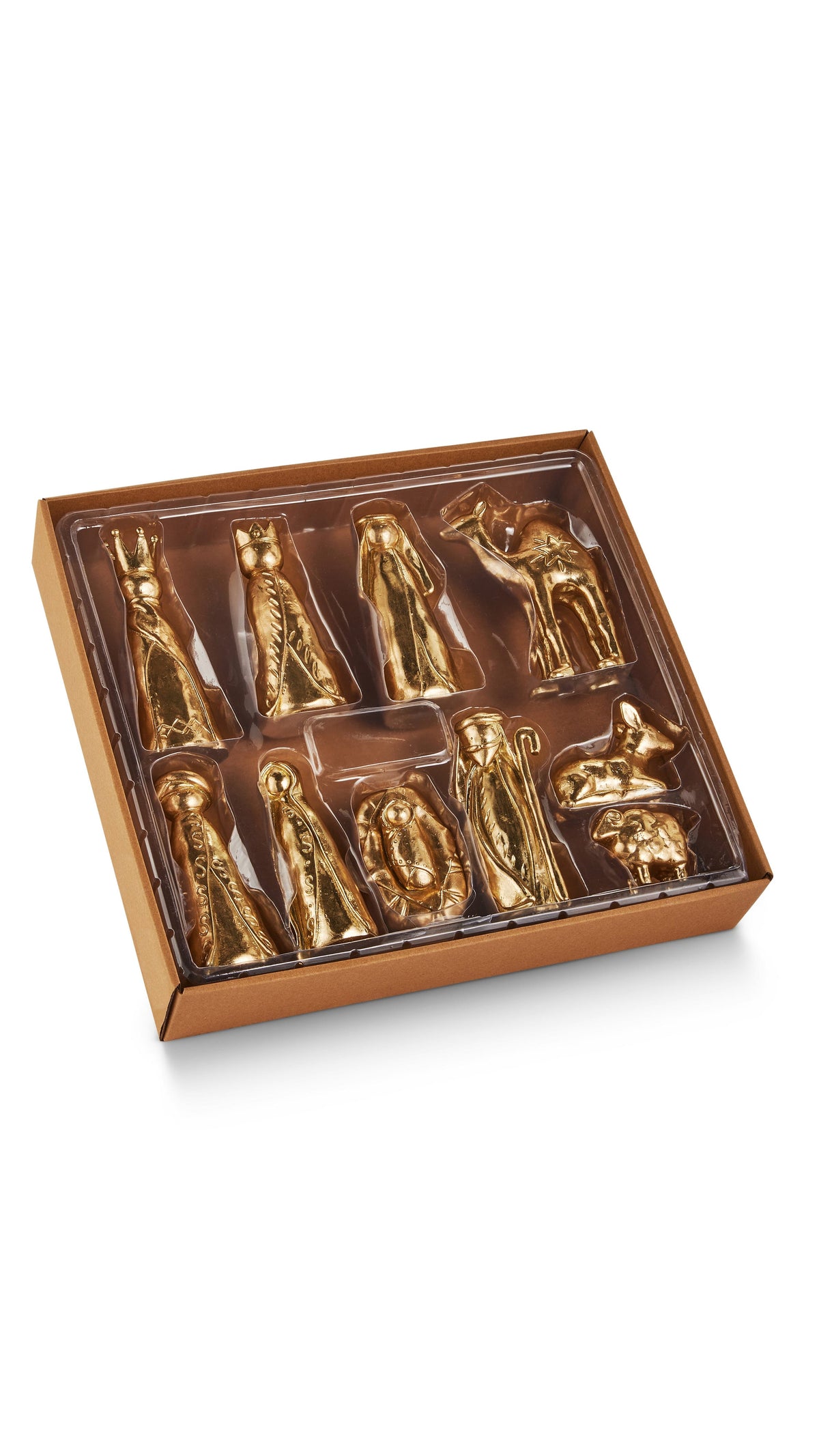Ten-piece gold resin nativity box set, full view on white
