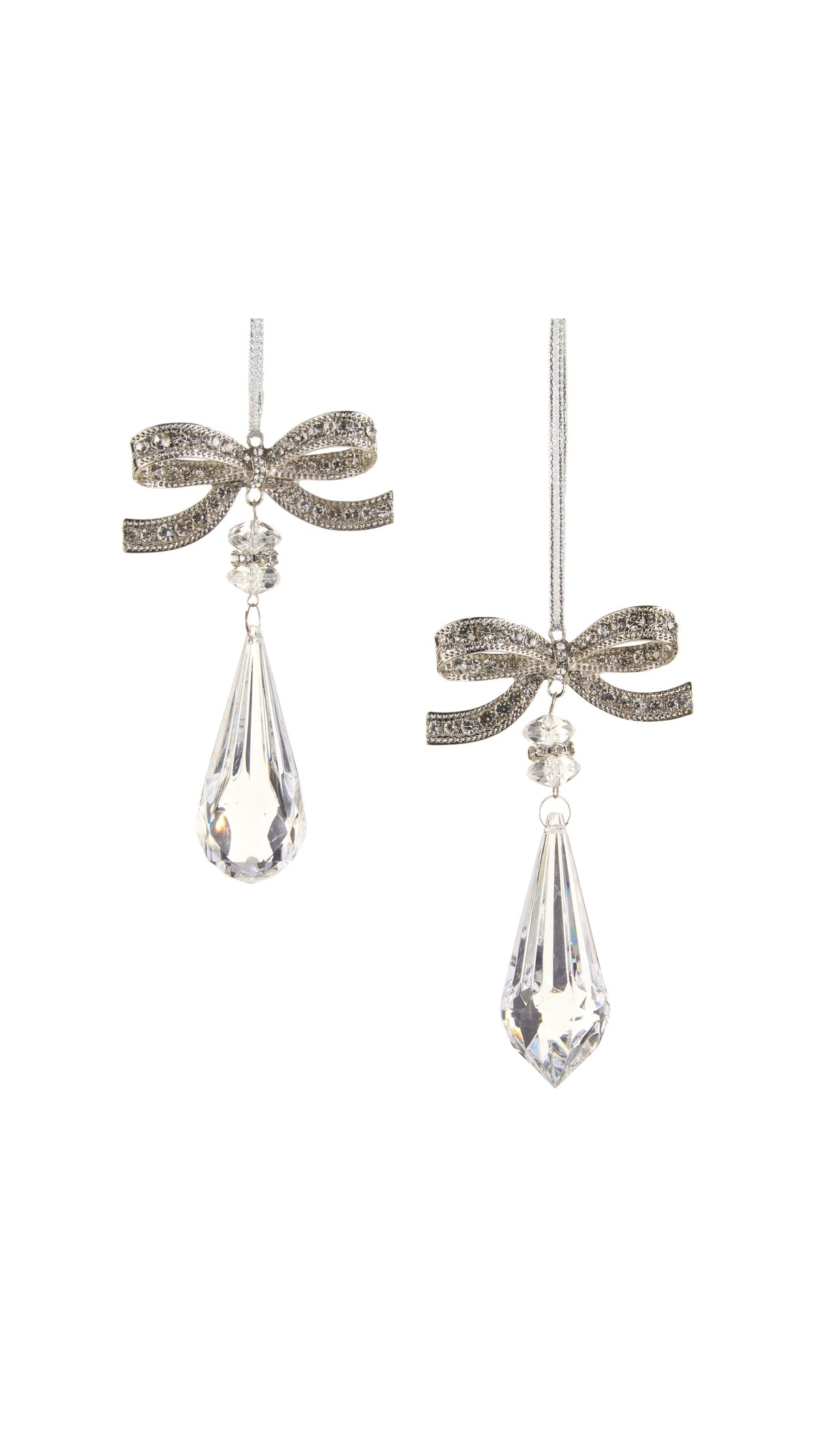 Clear jeweled bow ornament with crystal-look drop, full view on white