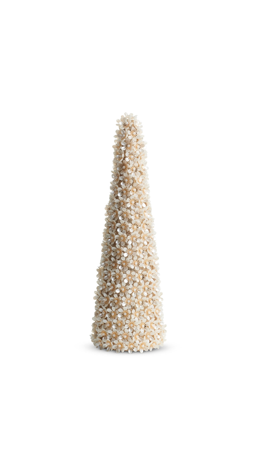 13 inch ivory pearl floral cone tree, full view on white