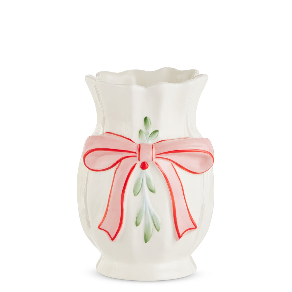 9 inch vase with bow and mistletoe details, full view