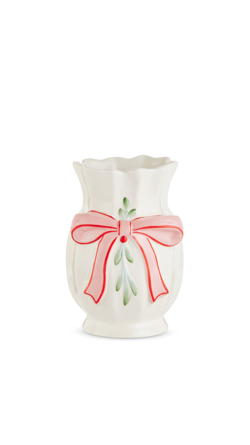9 inch vase with bow and mistletoe details, full view on white