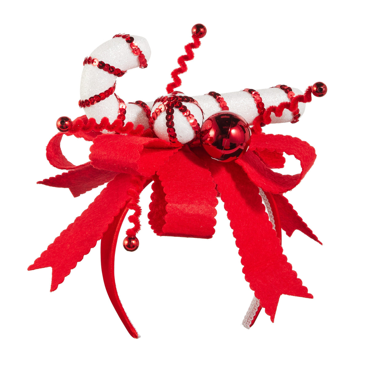 9 inch candy cane headband with red and white stripes, full view