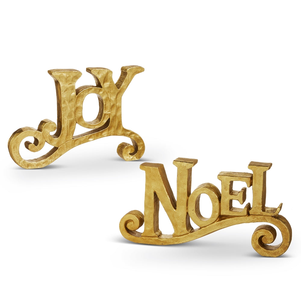 Gold resin Joy and Noel script signs, full view