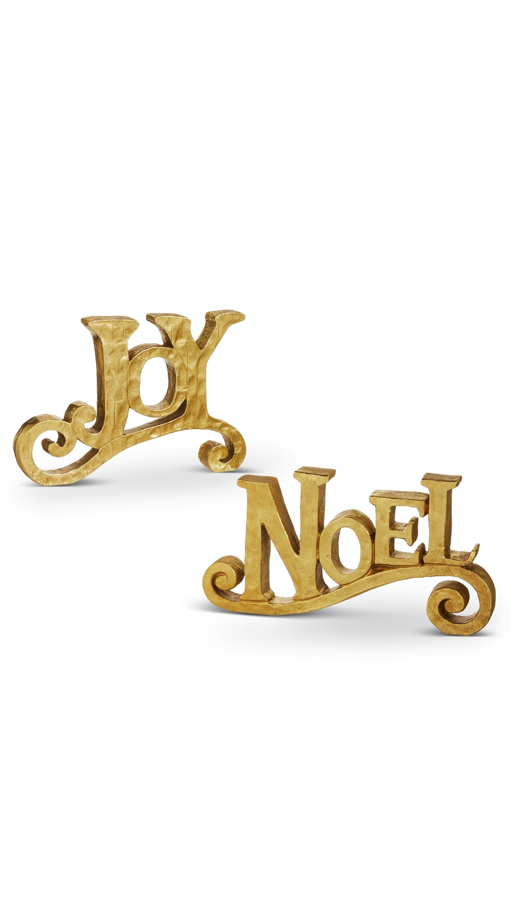 Gold resin Joy and Noel script signs, full view on white
