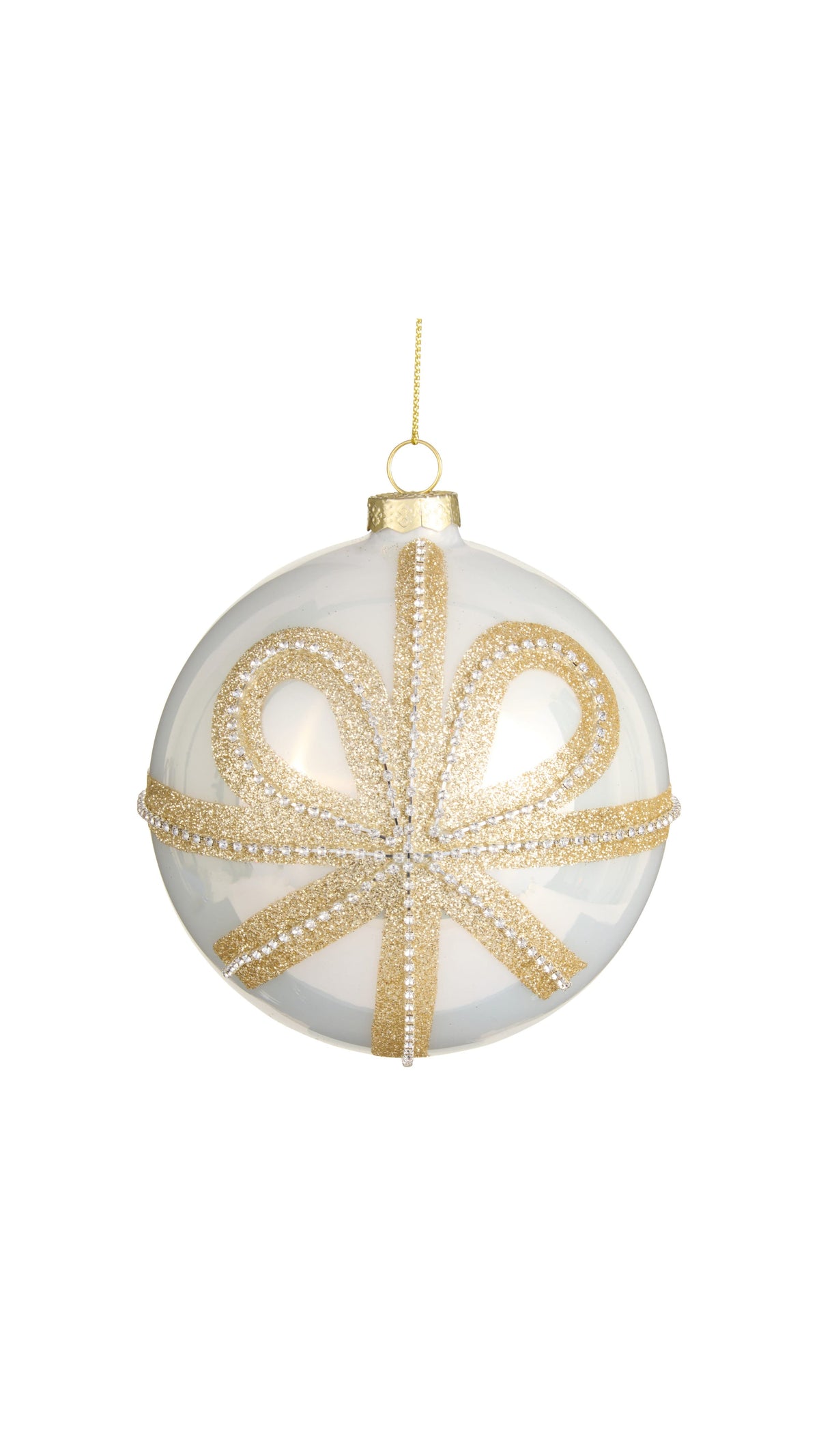 5 inch white ball ornament topped with a gold bow, full view on white