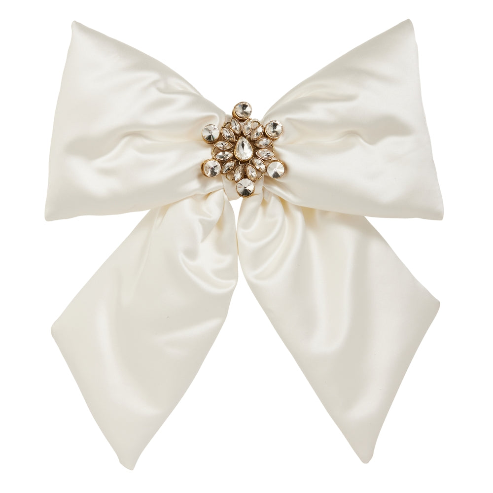Ivory satin bow for a wine or champagne bottle, full view
