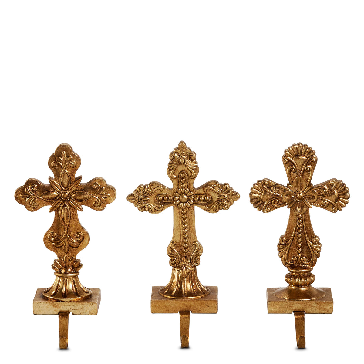 Holy cross mantel stocking holder in gold tone, full view