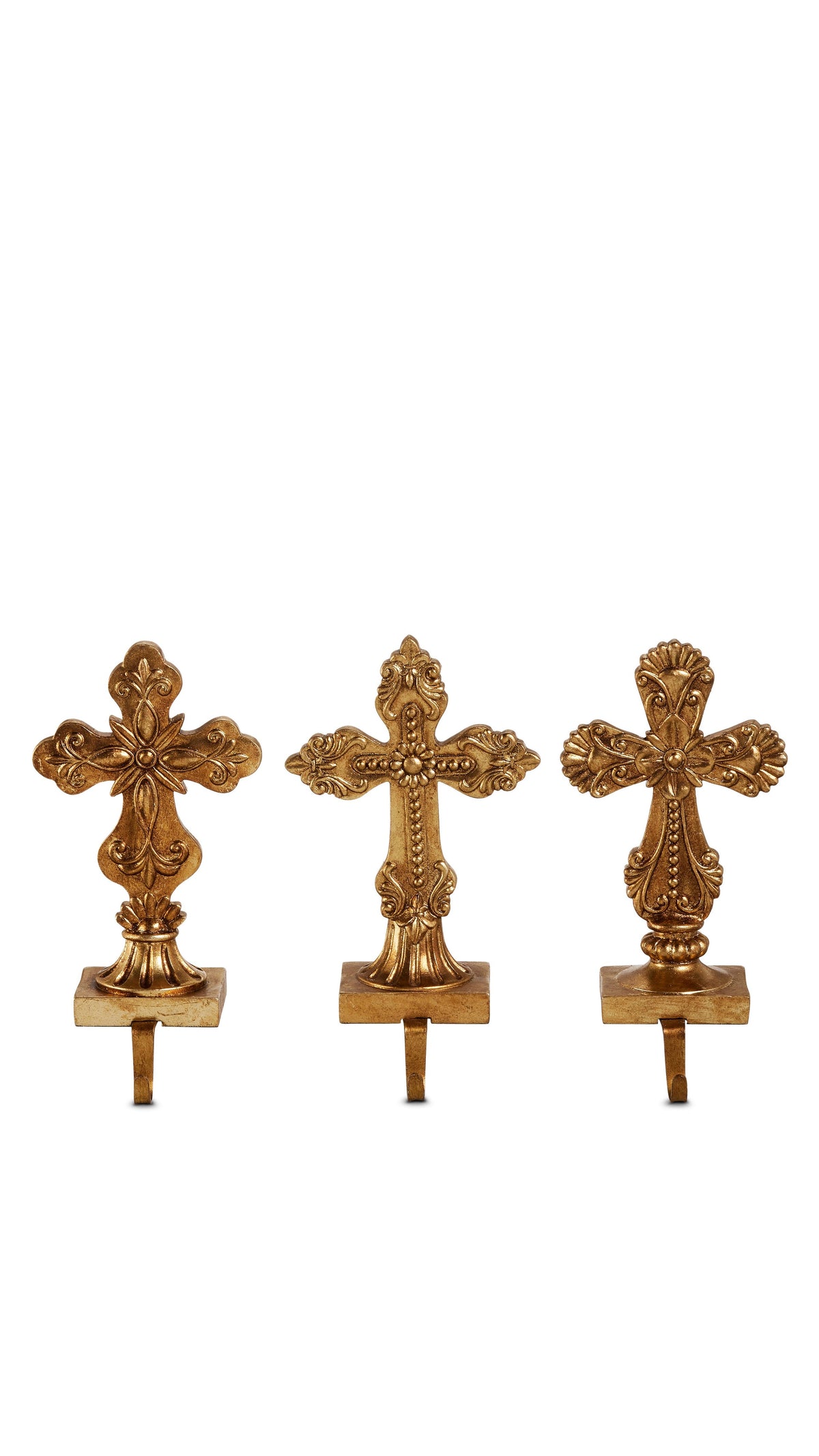 Holy cross mantel stocking holder in gold tone, full view on white