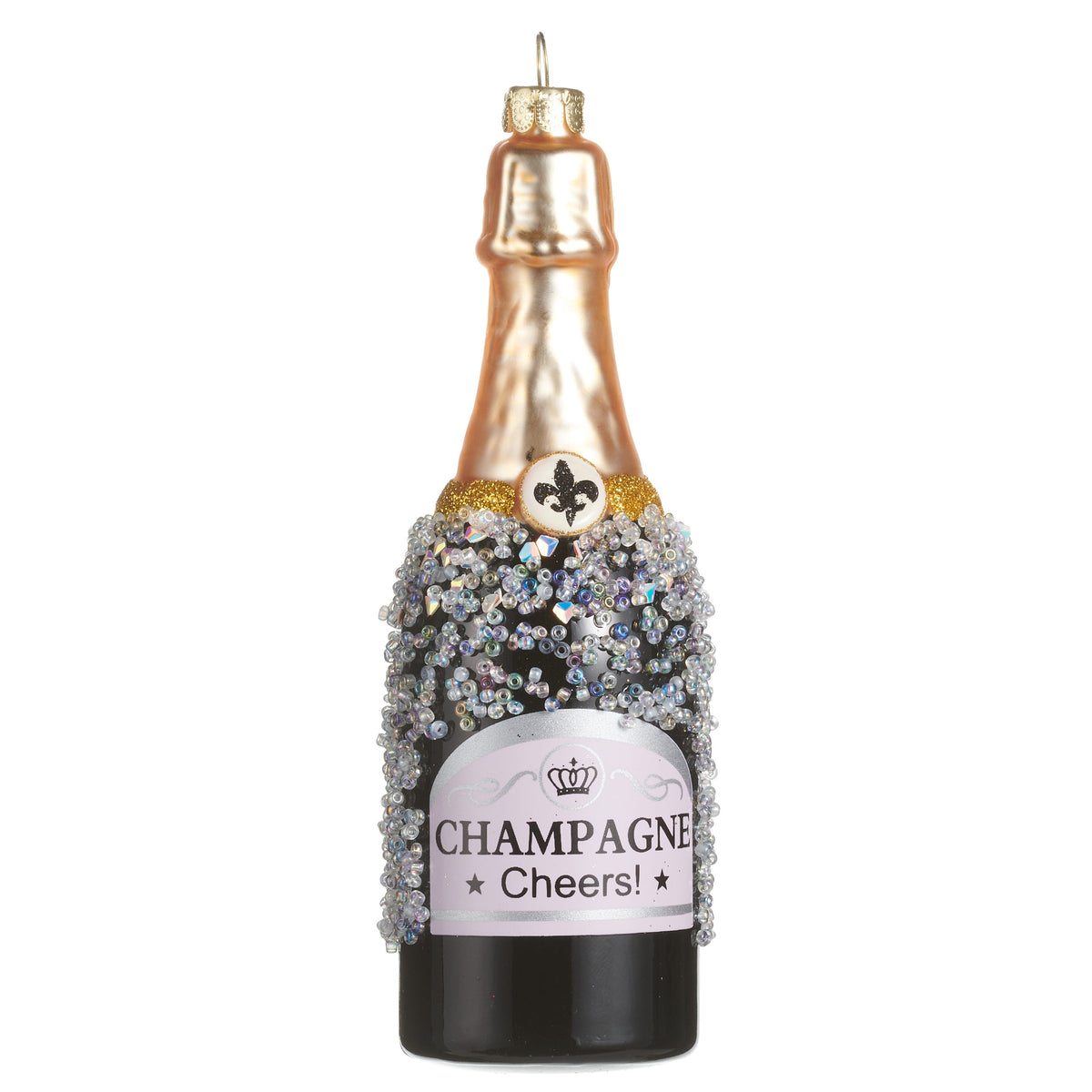 Champagne bottle Christmas ornament, full view