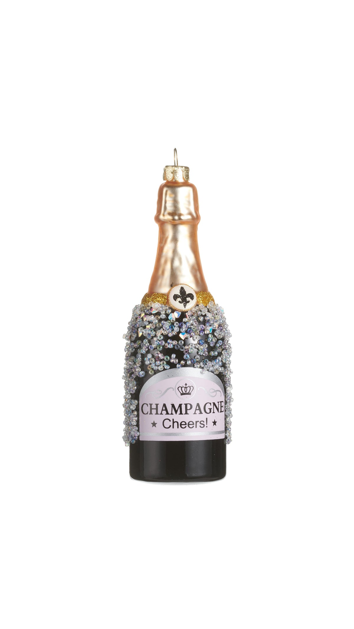 Champagne bottle Christmas ornament, full view on white