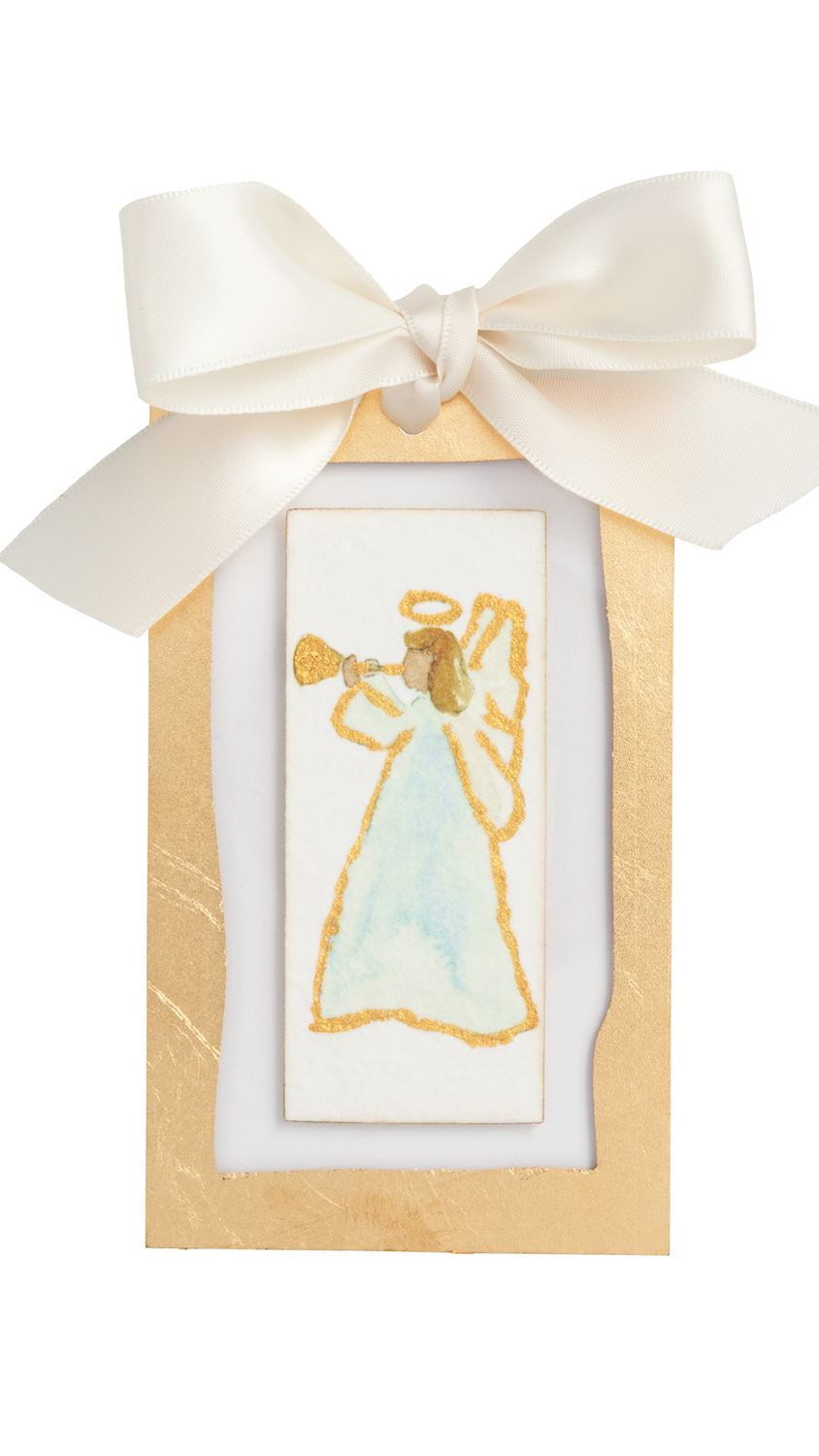 Gold angel Christmas ornament in profile, front view