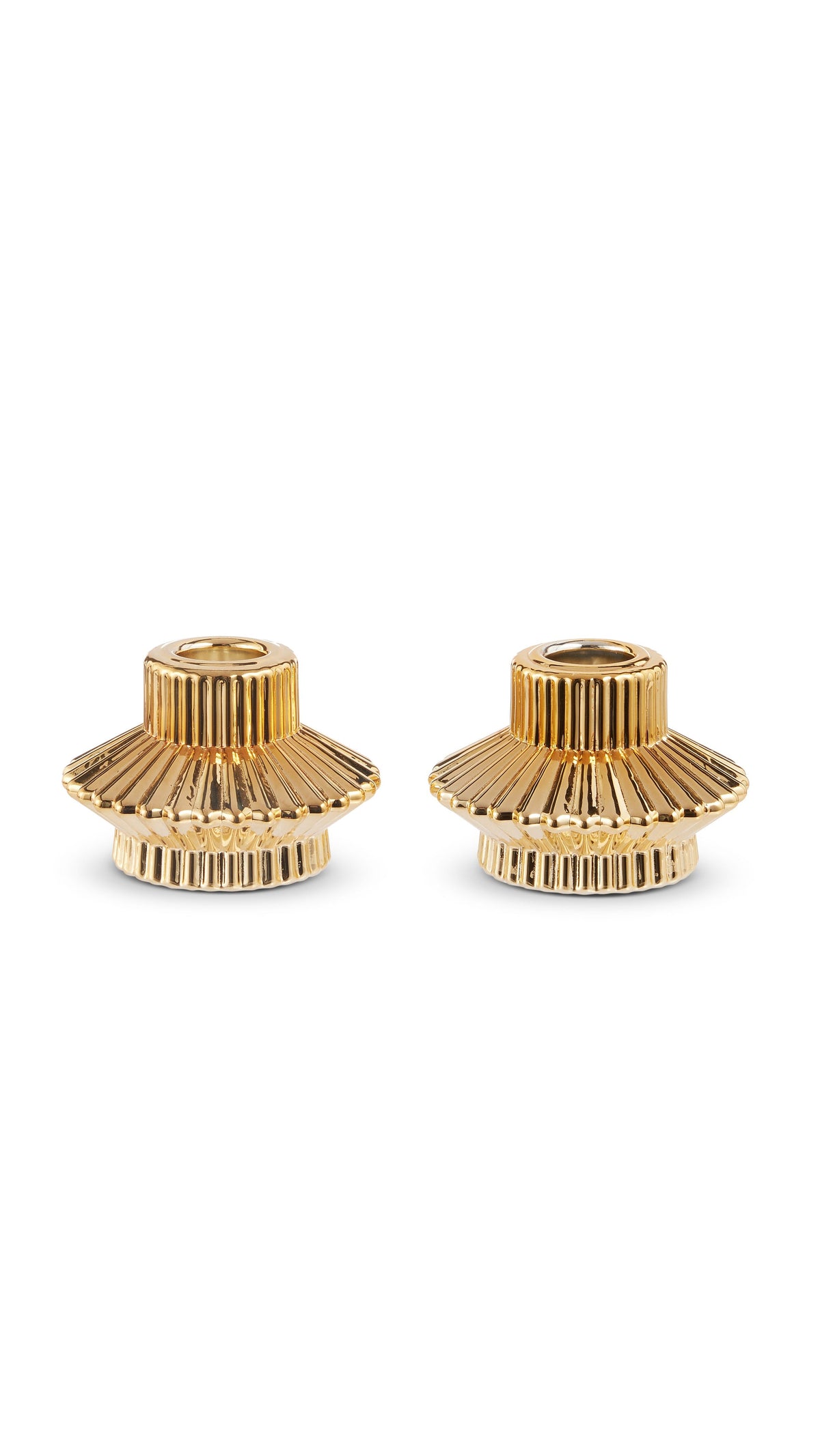 Pair of 3 inch gold candle holders, full view on white