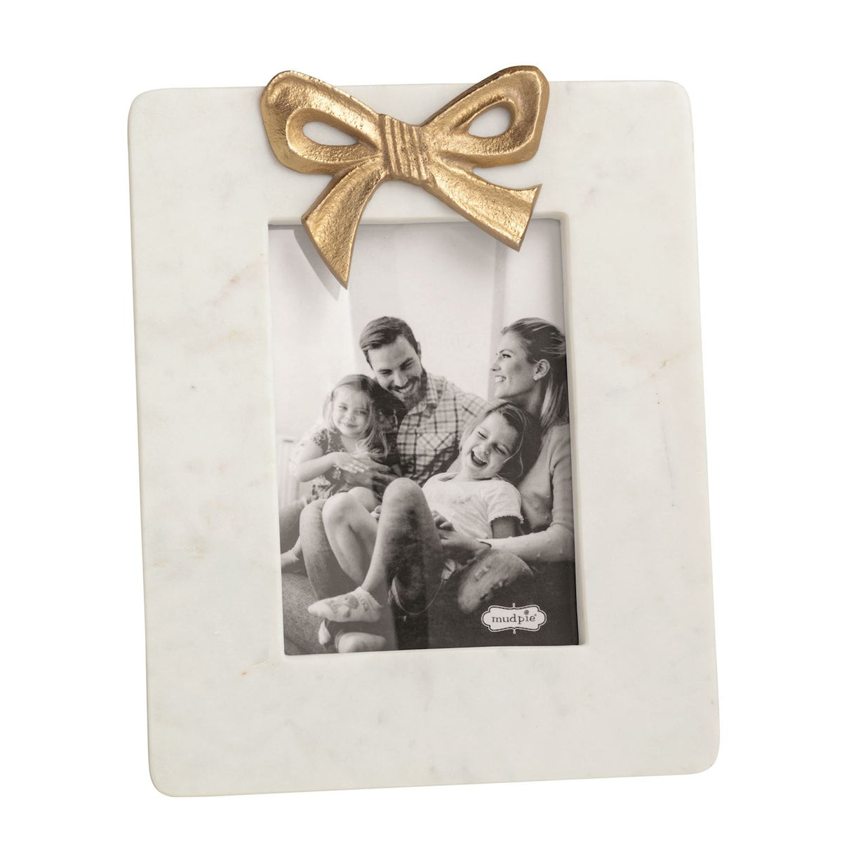 Large marble photo frame with a gold bow, full view