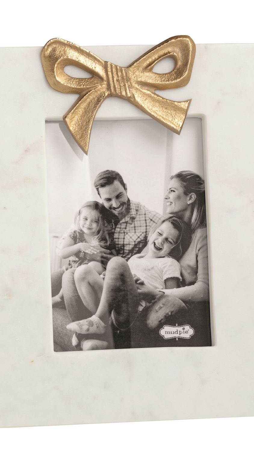 Large marble photo frame with a gold bow, front view