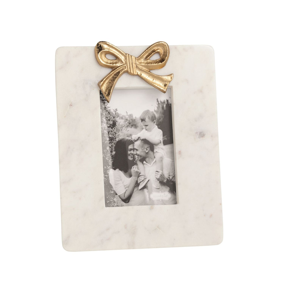 Small marble photo frame with a gold bow, full view