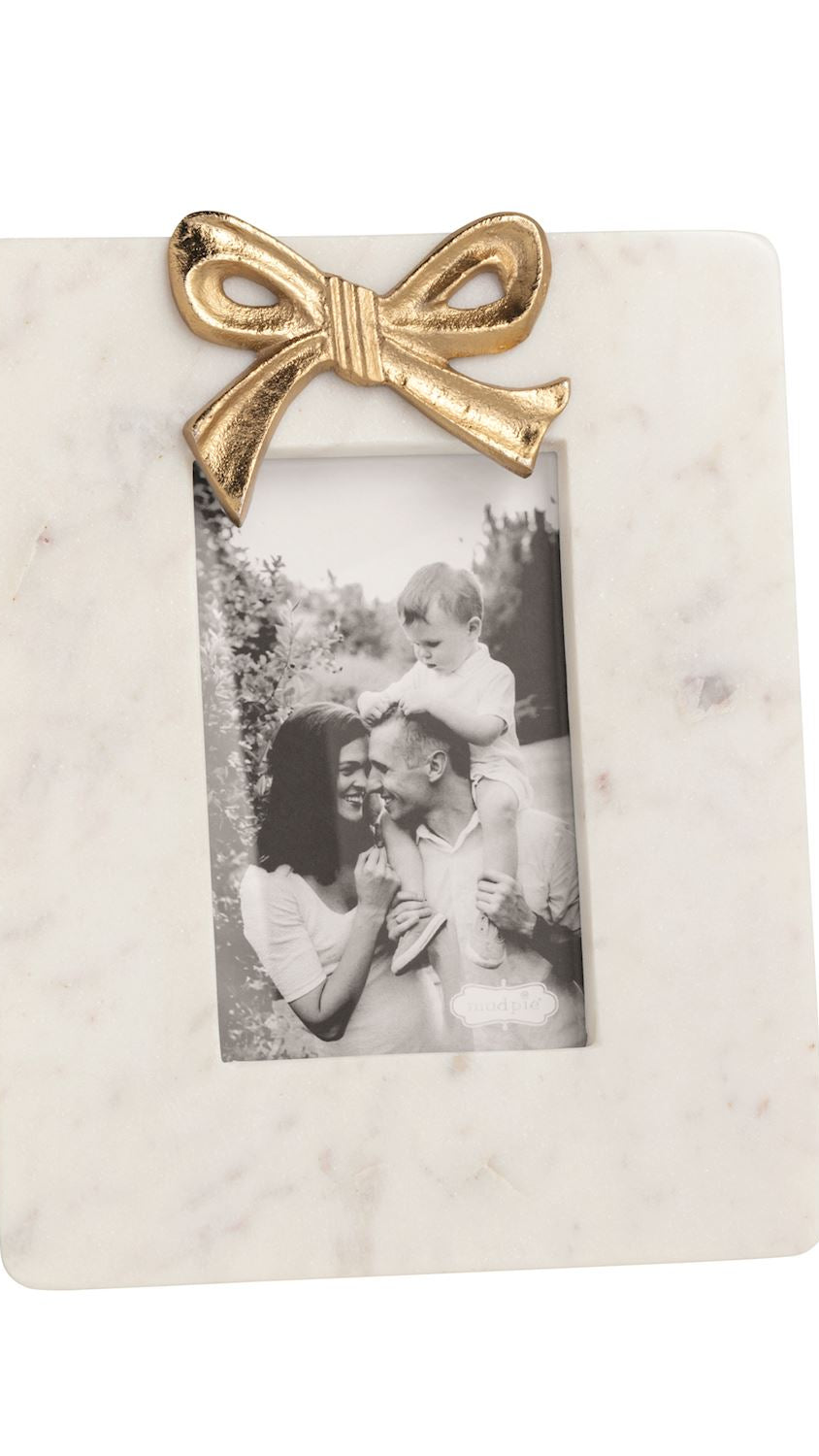 Small marble photo frame with a gold bow, front view