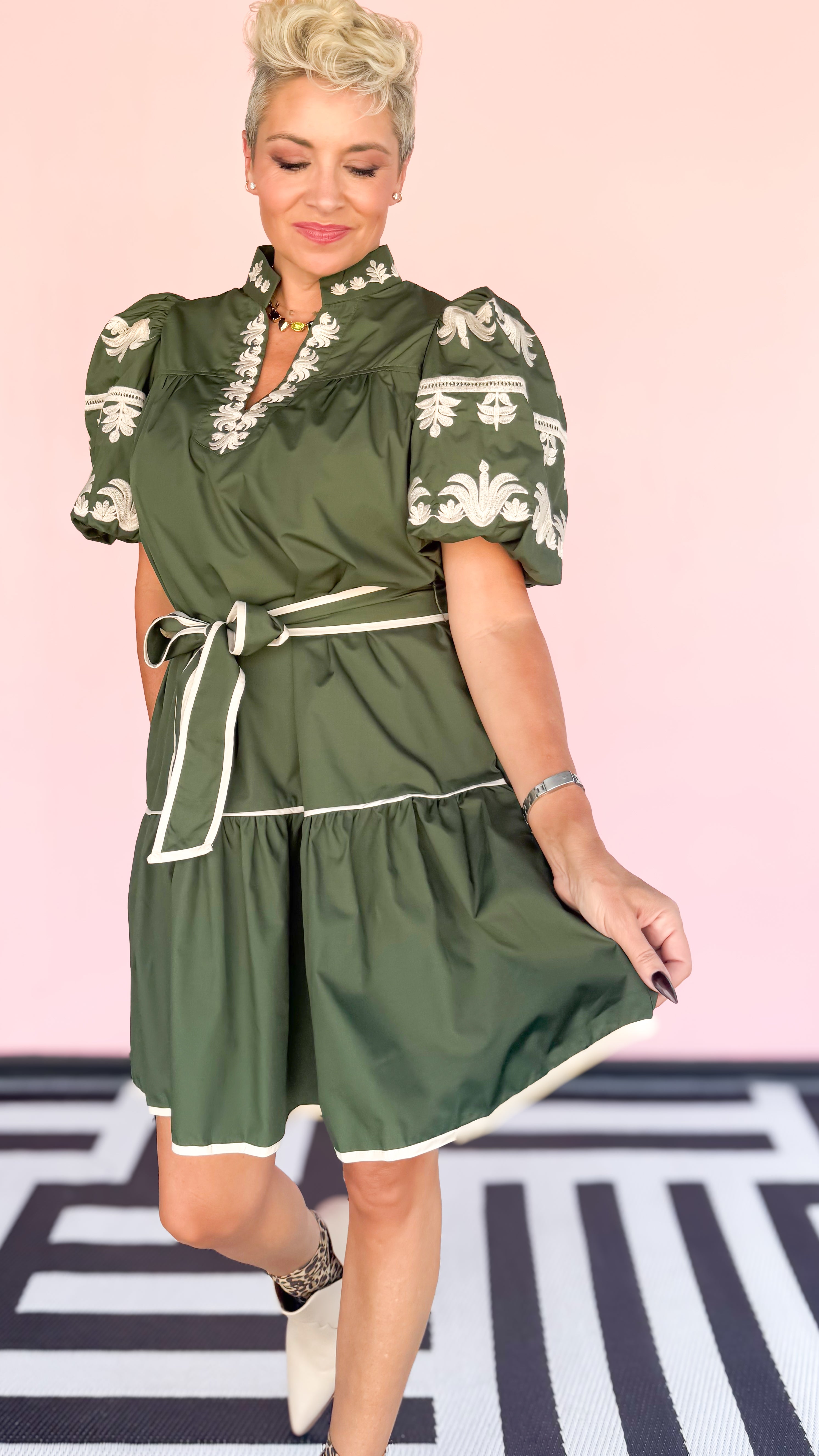 Hunter Green Bubble Sleeve Belted Dress
