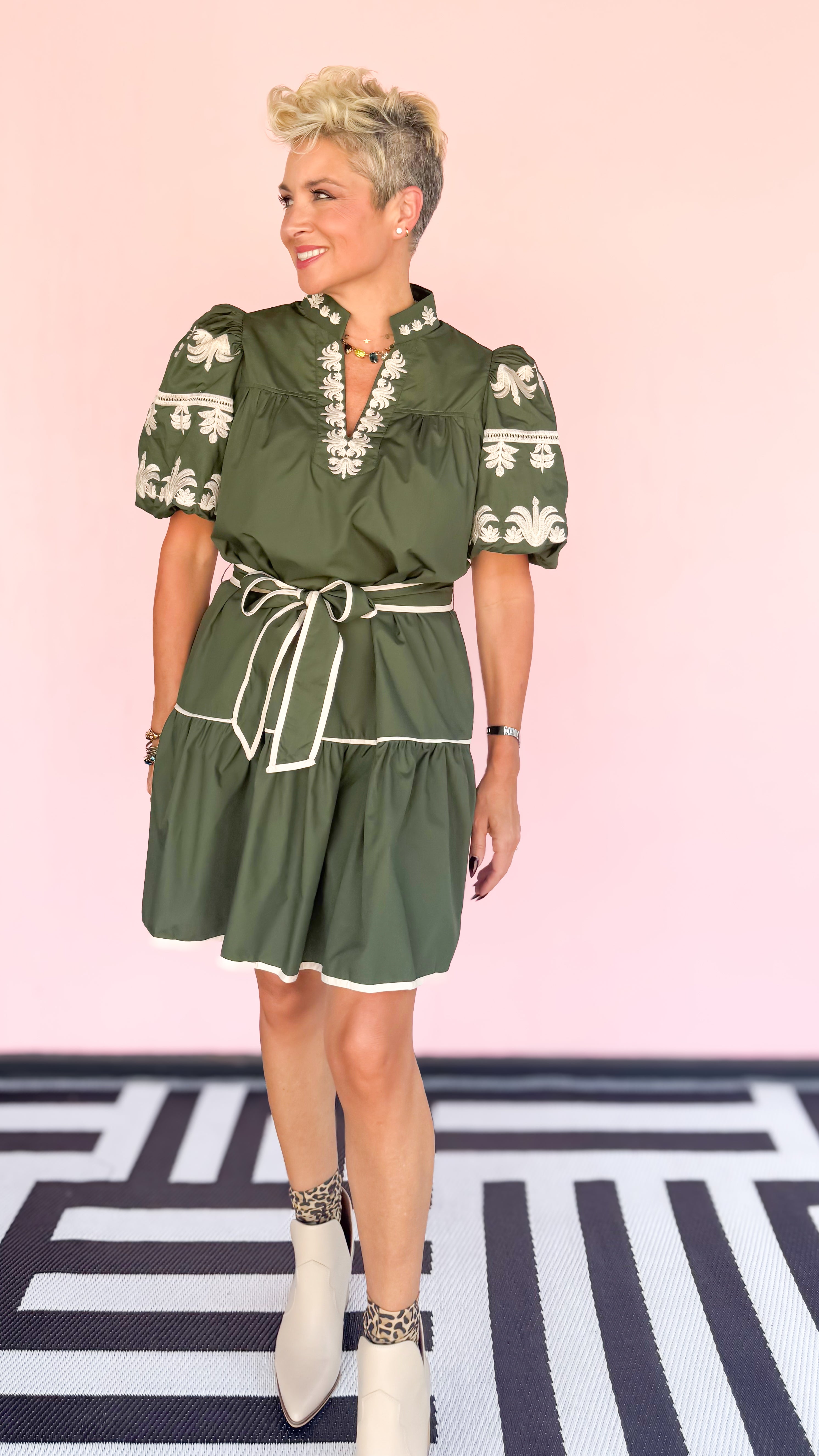 Hunter Green Bubble Sleeve Belted Dress
