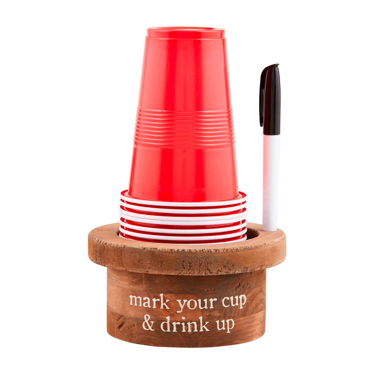 Disposable holiday cup set with a marker for labeling, full view