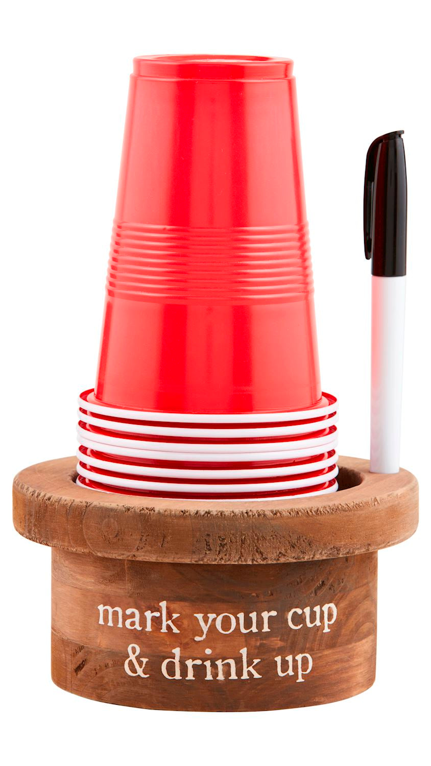Disposable holiday cup set with a marker for labeling, front view