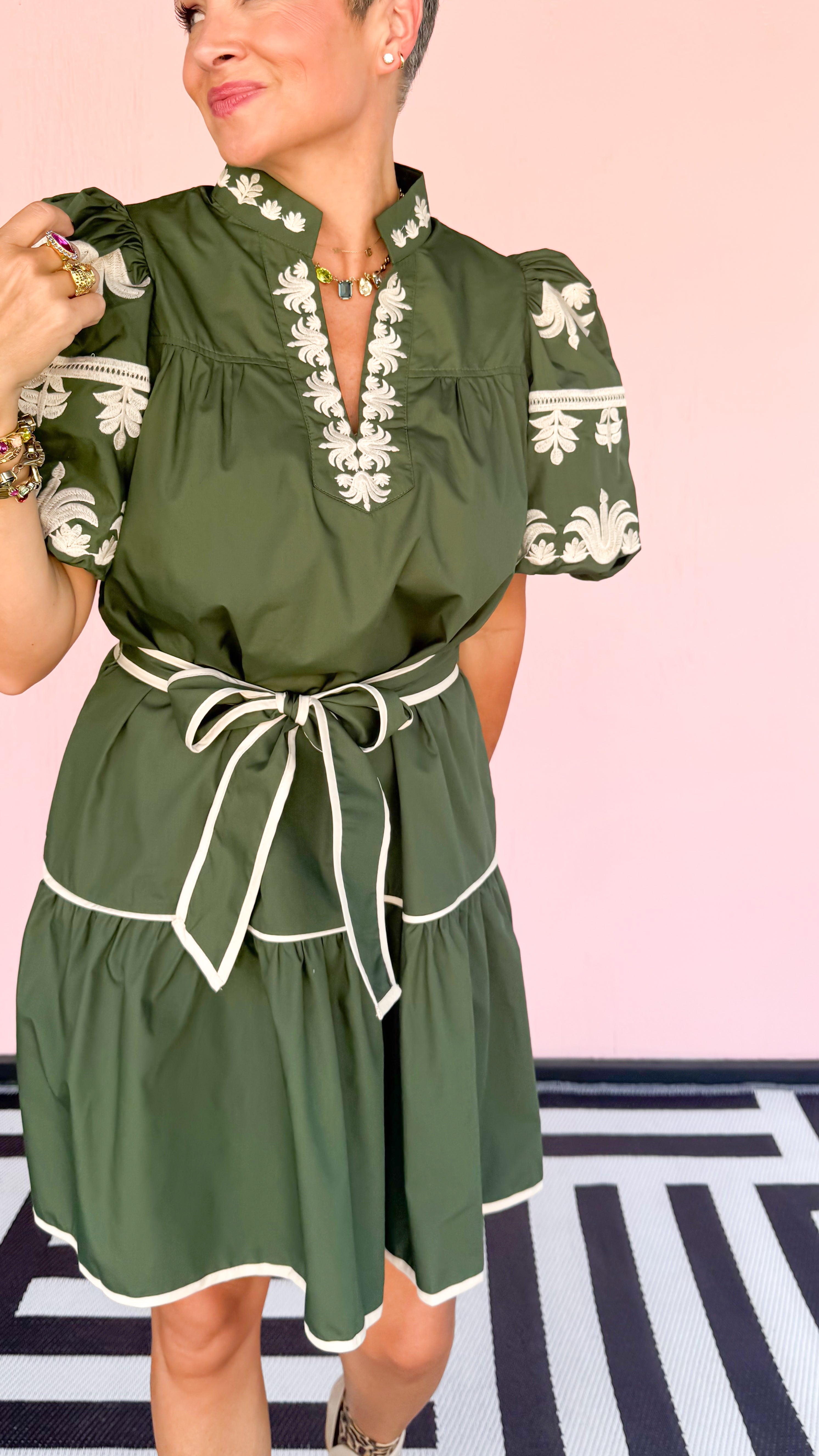 Hunter Green Bubble Sleeve Belted Dress