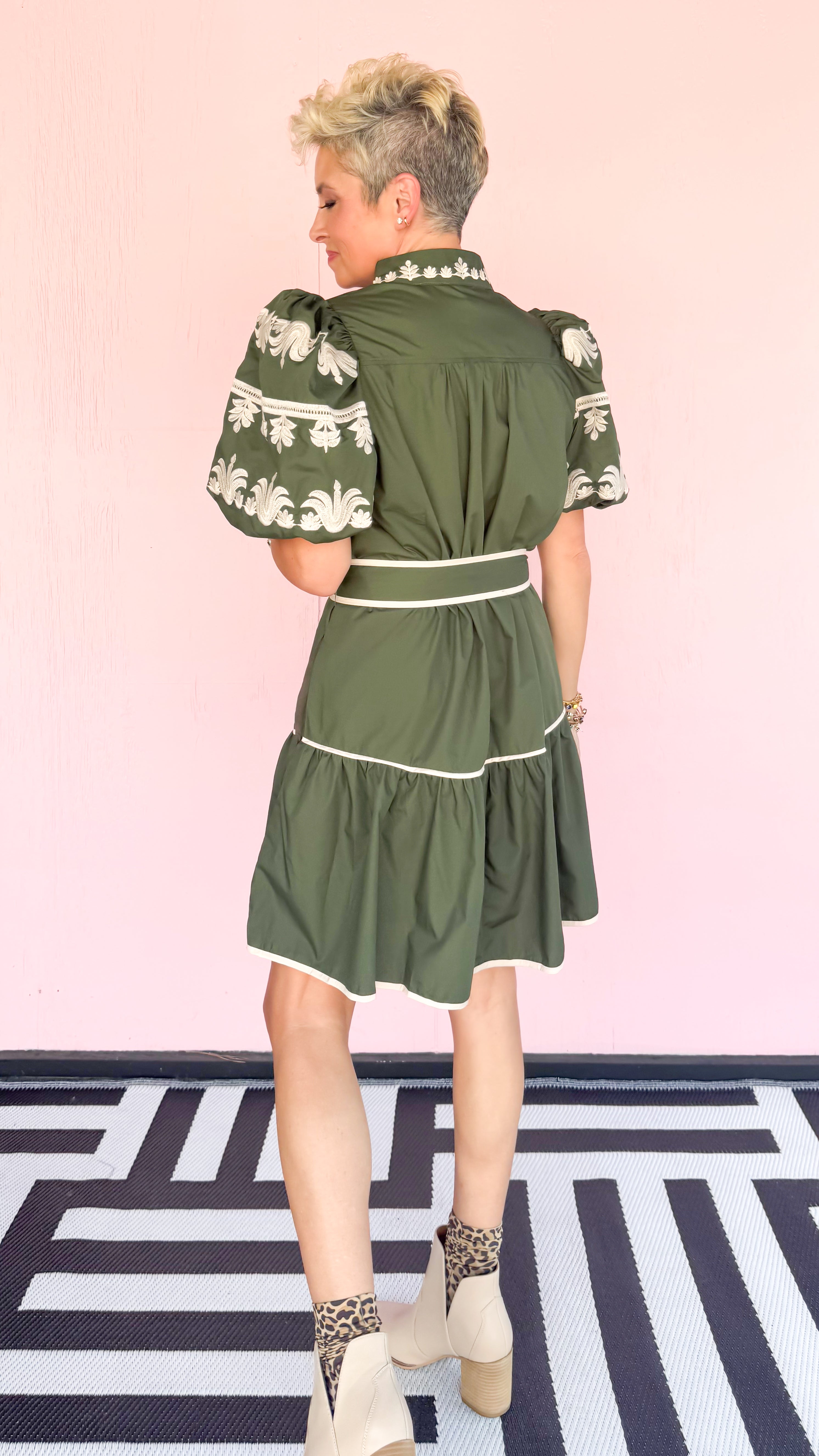 Hunter Green Bubble Sleeve Belted Dress