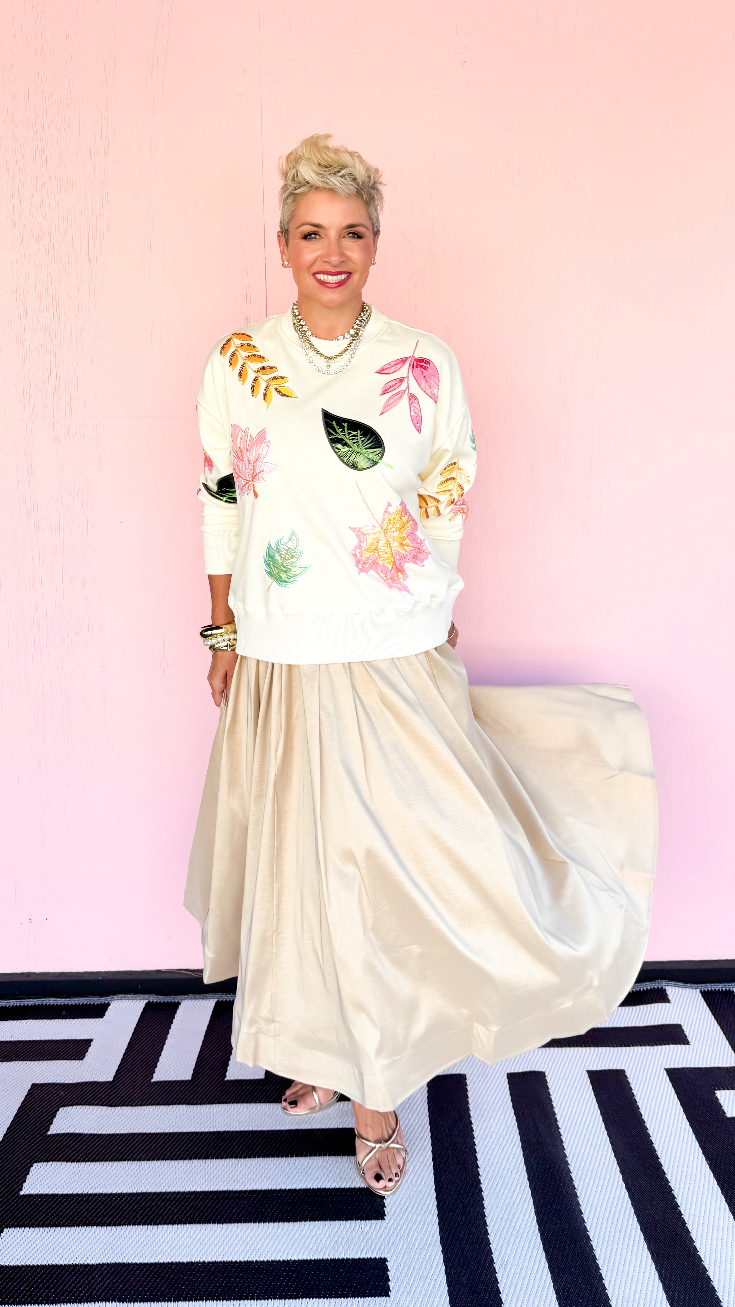 Tulle Hem Lined Maxi Skirt/Beige