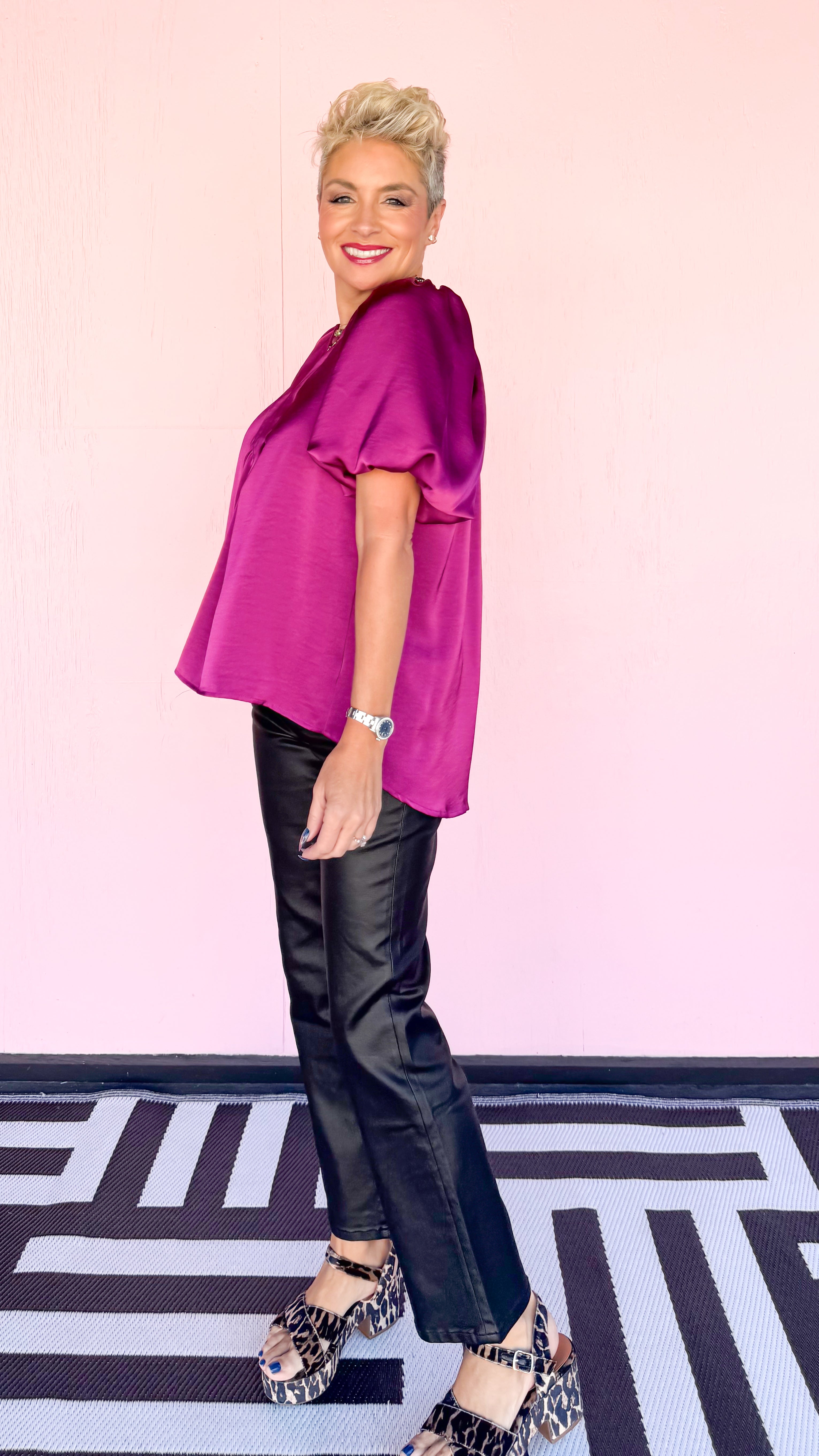 V-Neck Puff Sleeve Satin Top/Plum - The BLVD