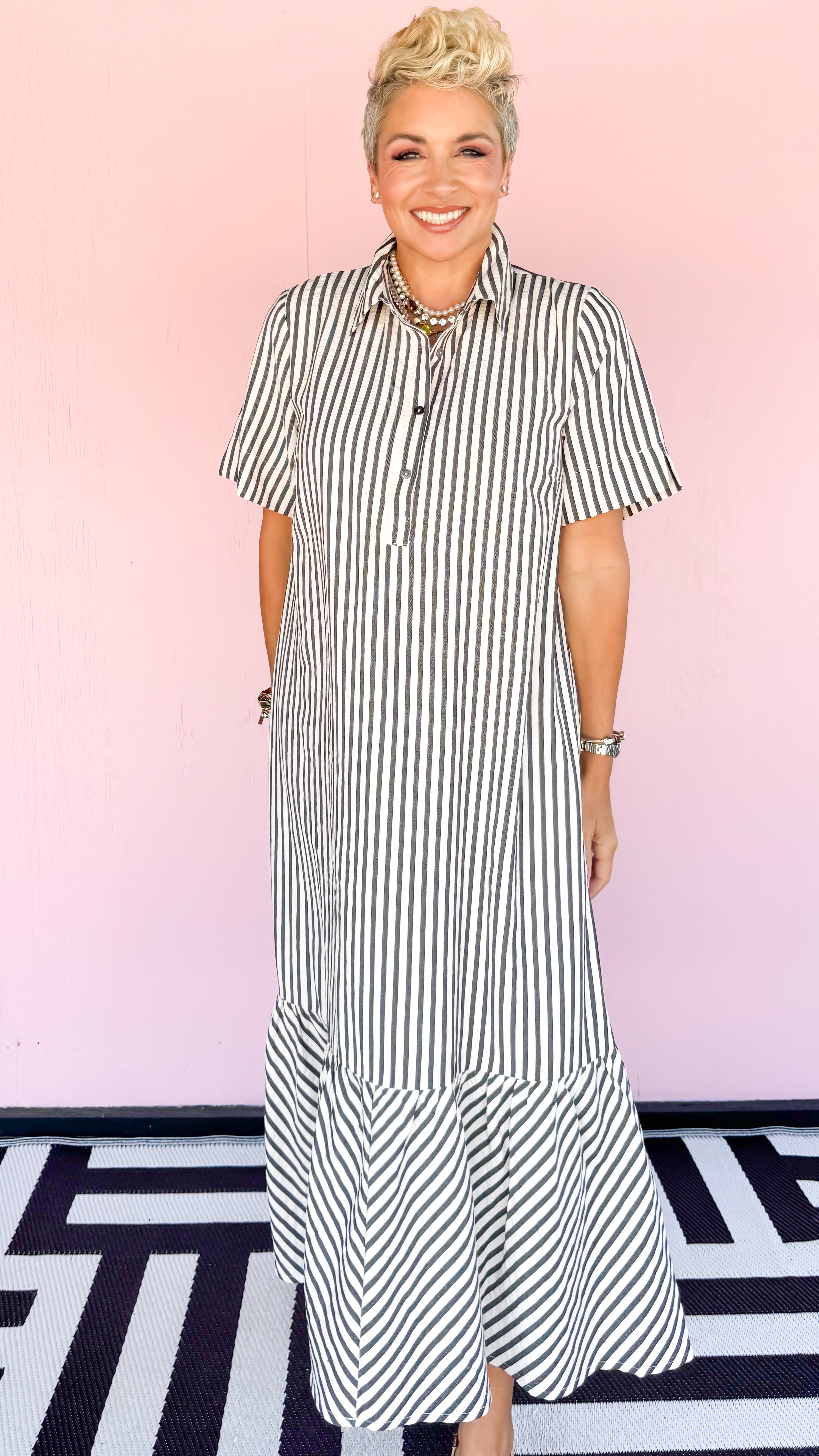 Saline Striped Midi Dress/Black