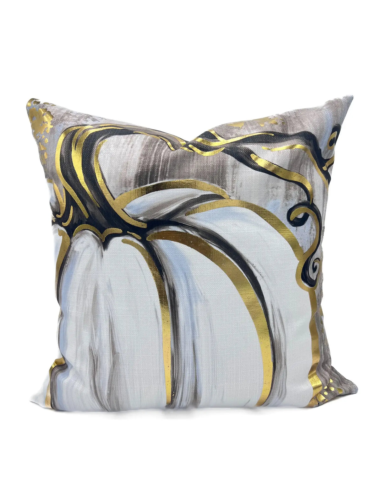 White pumpkin fall velvet throw pillow with real gold foil accents, 24 inch square, front view