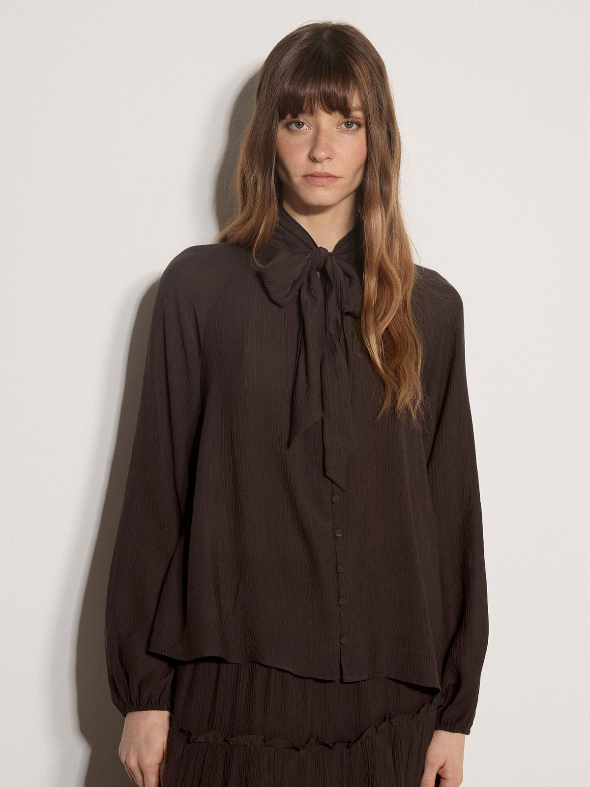 Brown crinkle tie neck blouse back view