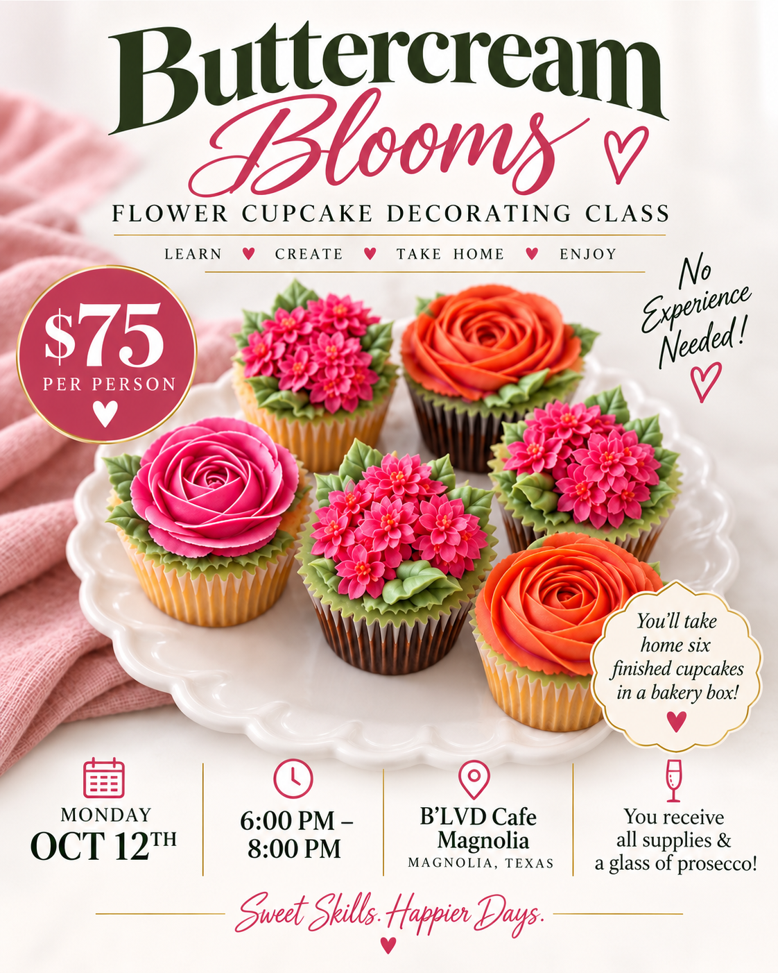 Buttercream Blooms: Flower Cupcake Decorating Class Oct. 12th 6:00-8:00pm