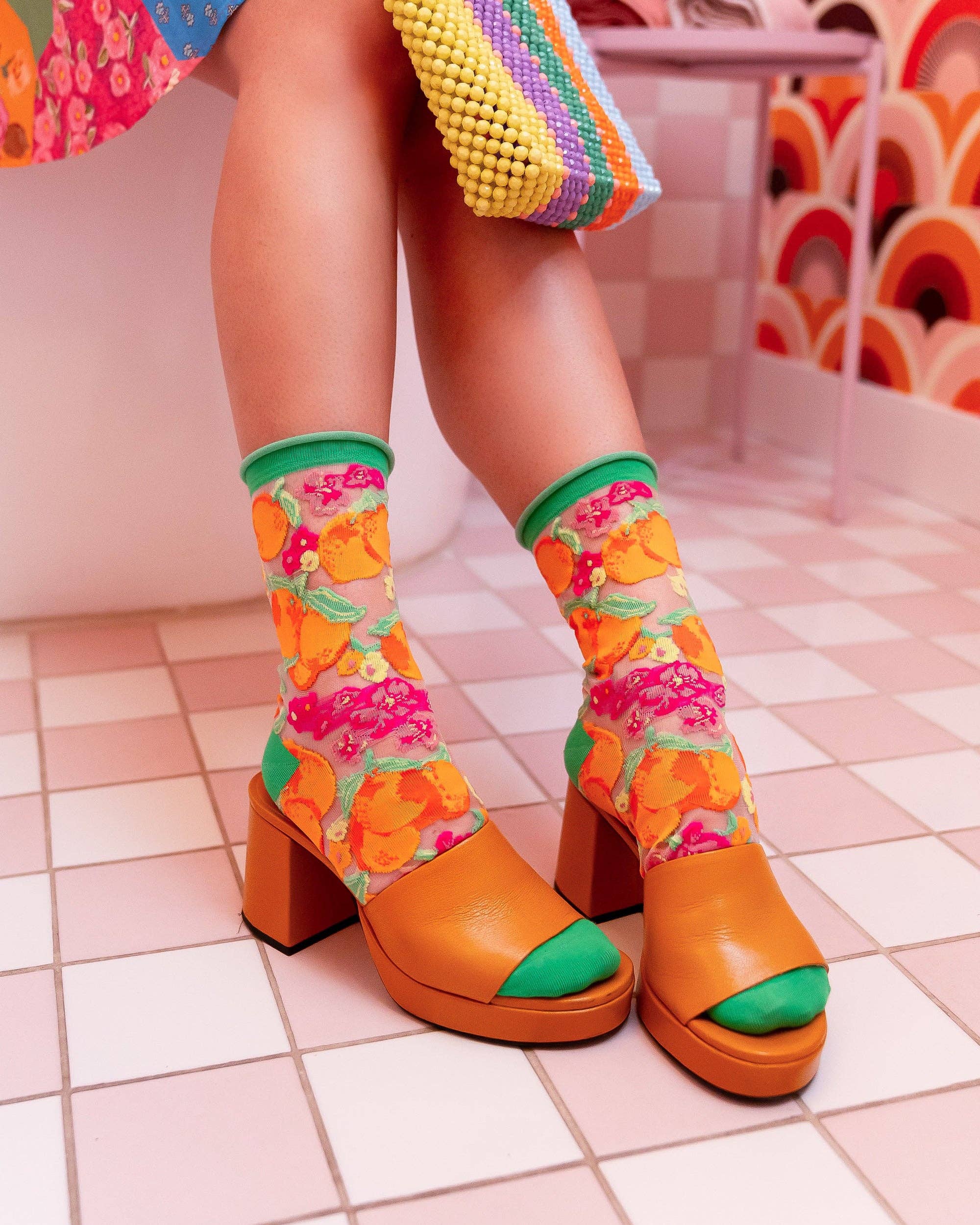 Orange Floral sheer crew sock product photo - detail view - BLVD Boutik