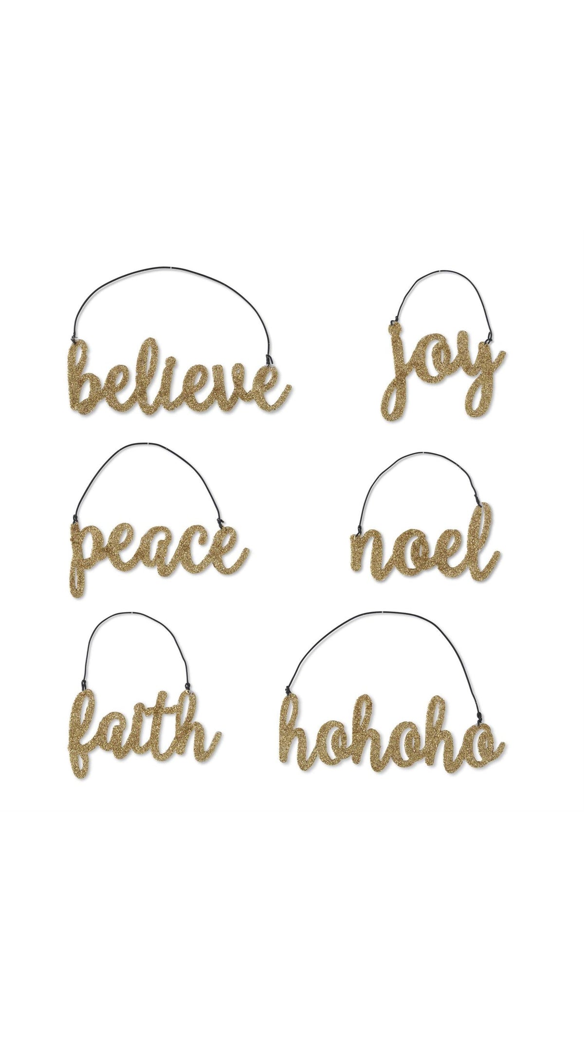 Gold glittered holiday message ornaments, assorted styles, full view on white