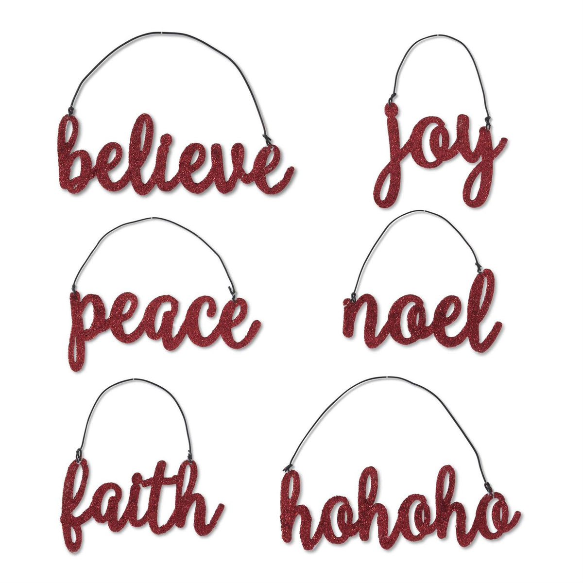 Red glittered holiday message ornaments, assorted styles, original product photo