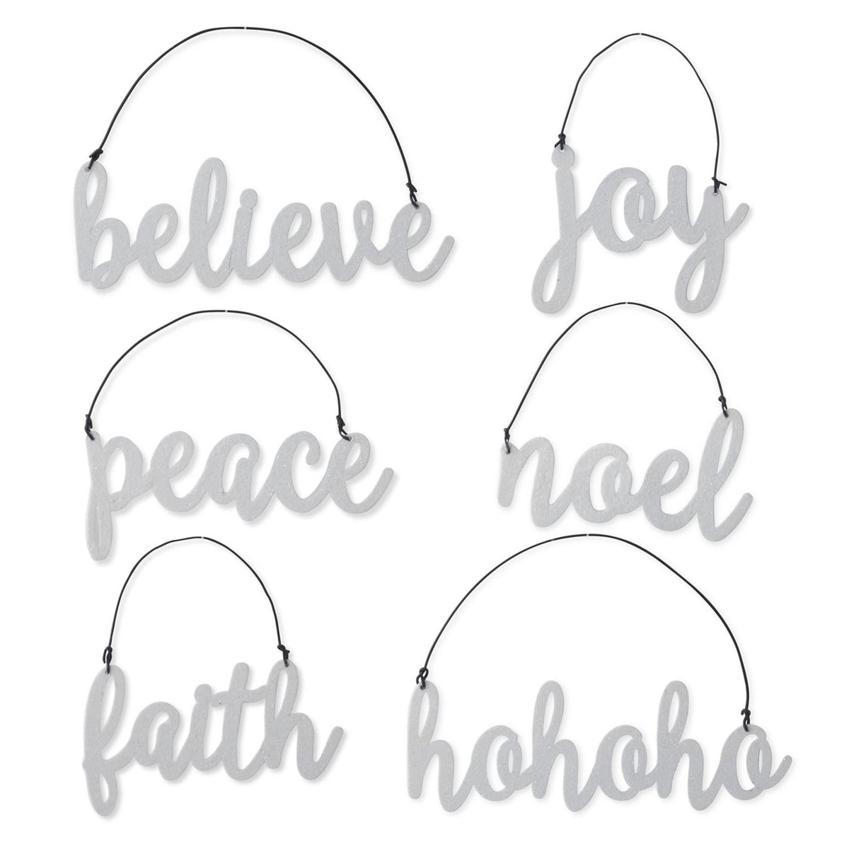 White glittered holiday message ornaments, assorted styles, original product photo