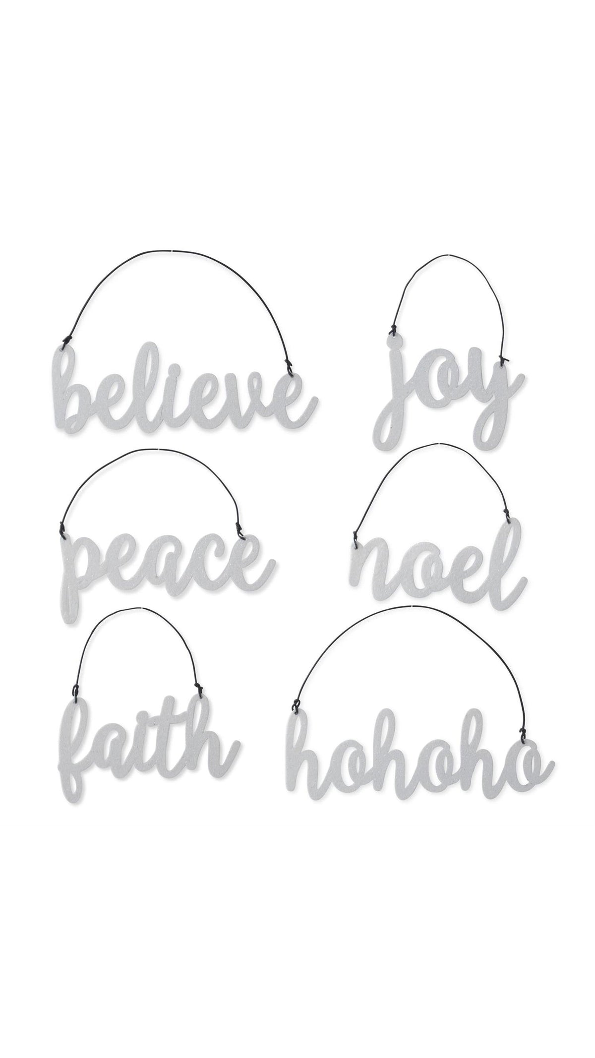 White glittered holiday message ornaments, assorted styles, full view on white