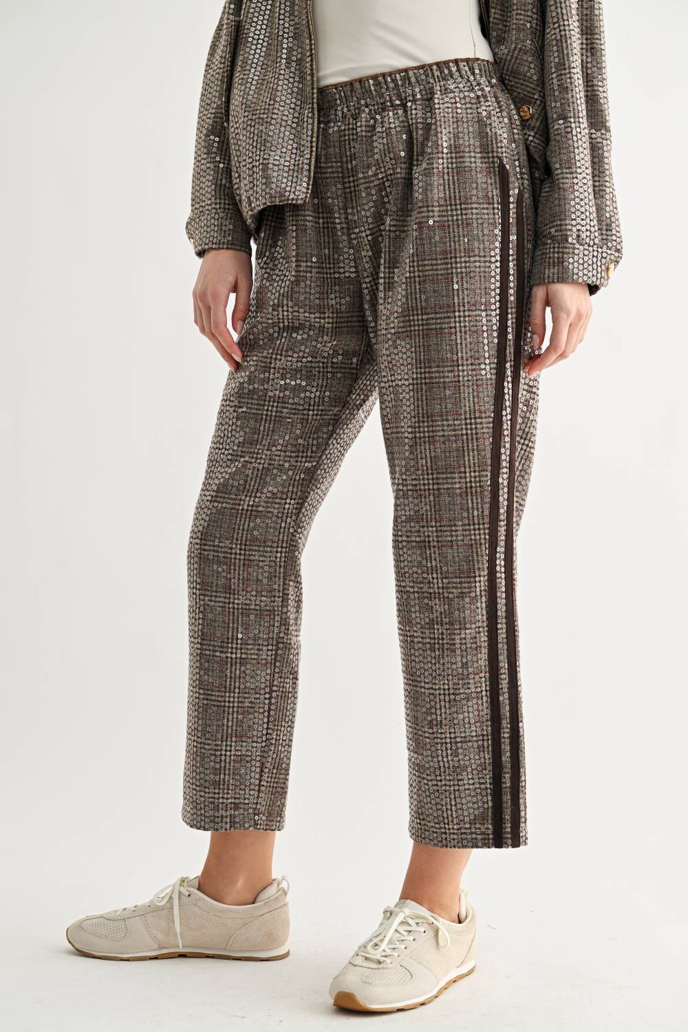 Eloise Plaid Sequin Pants/Brown