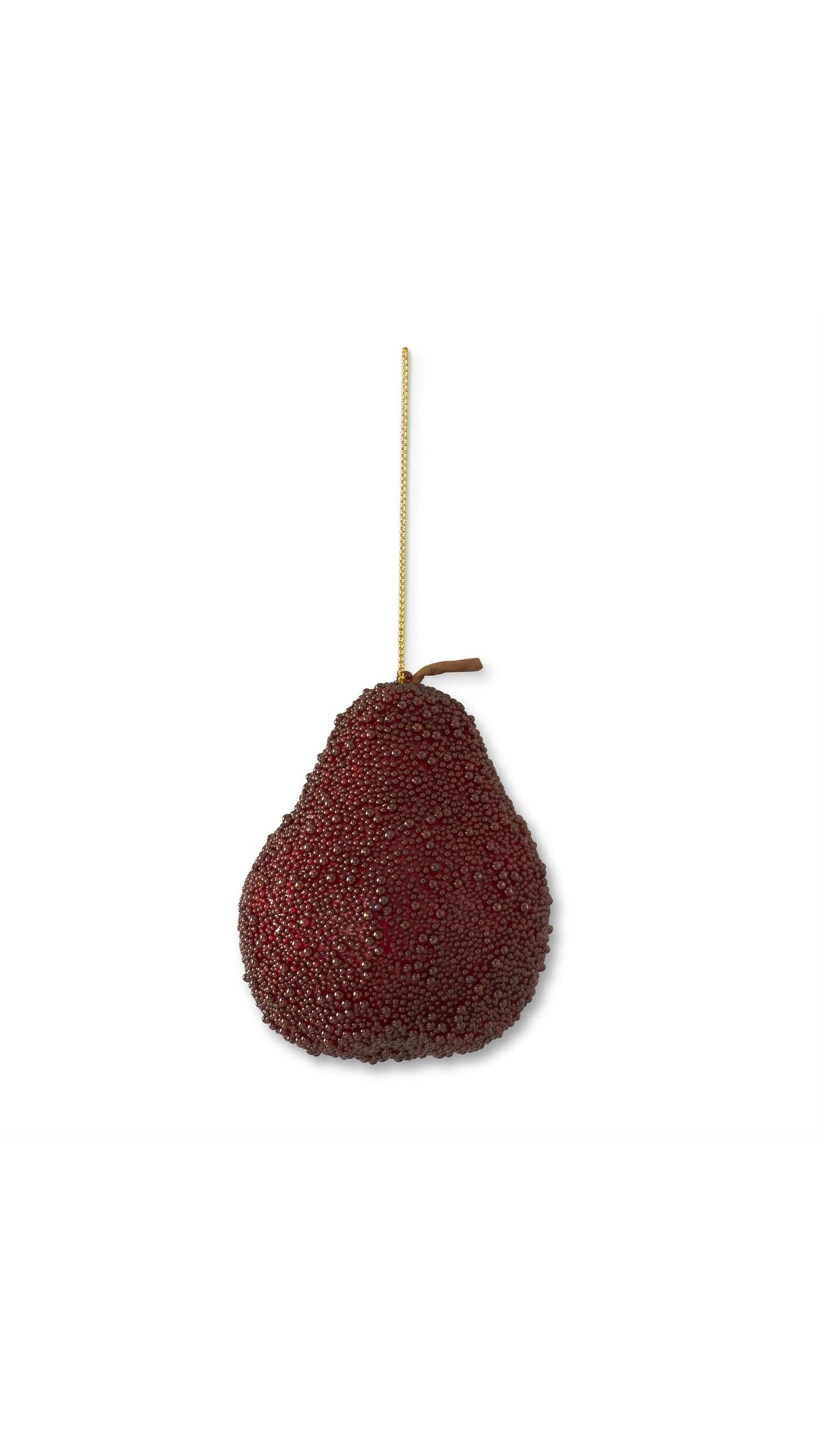 5 inch burgundy seed beaded pear ornament, full view on white