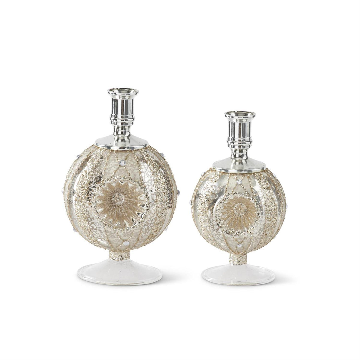 Mercury glass reflector taper candleholders in two sizes, original product photo