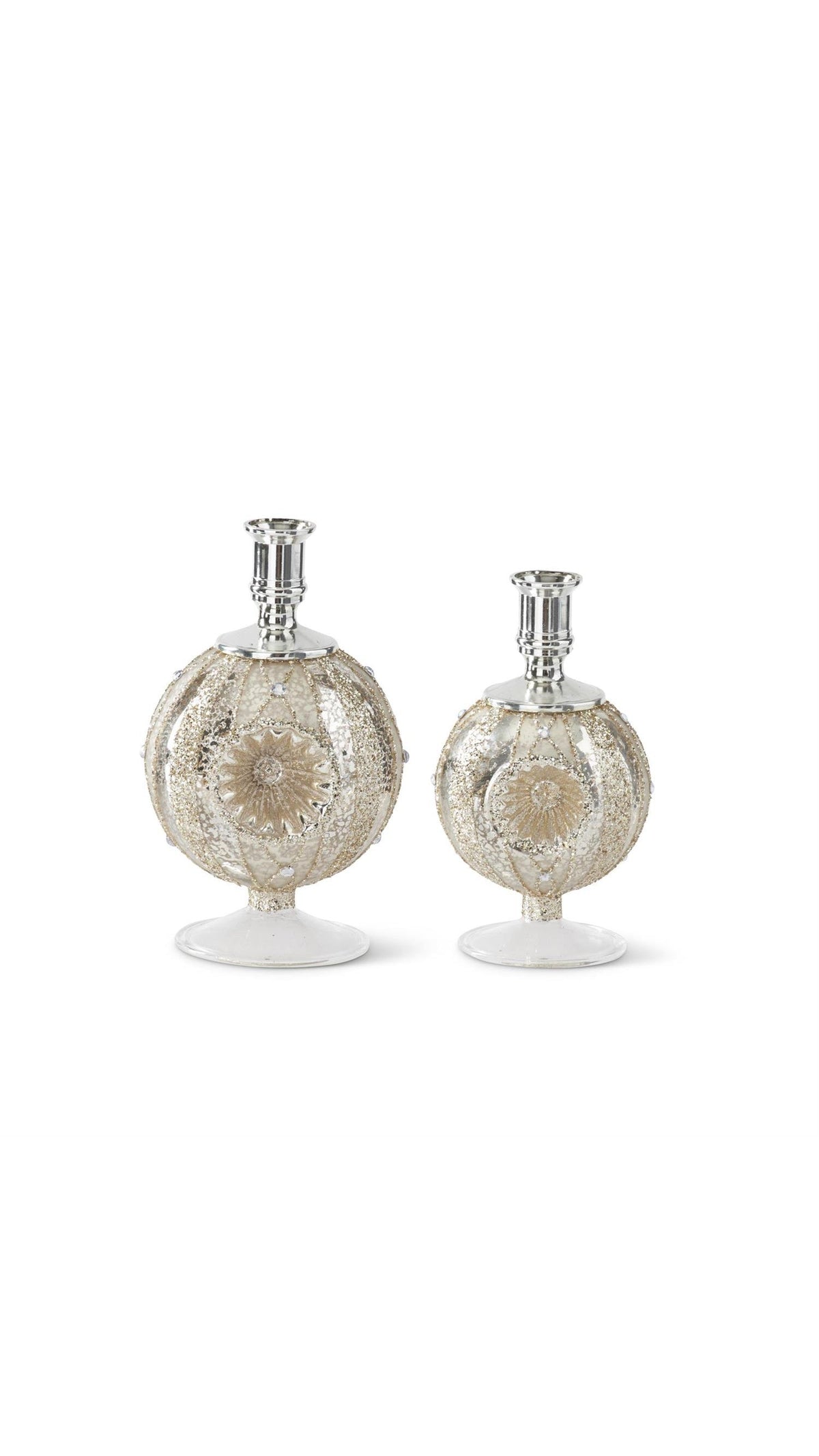 Mercury glass reflector taper candleholders in two sizes, full view on white