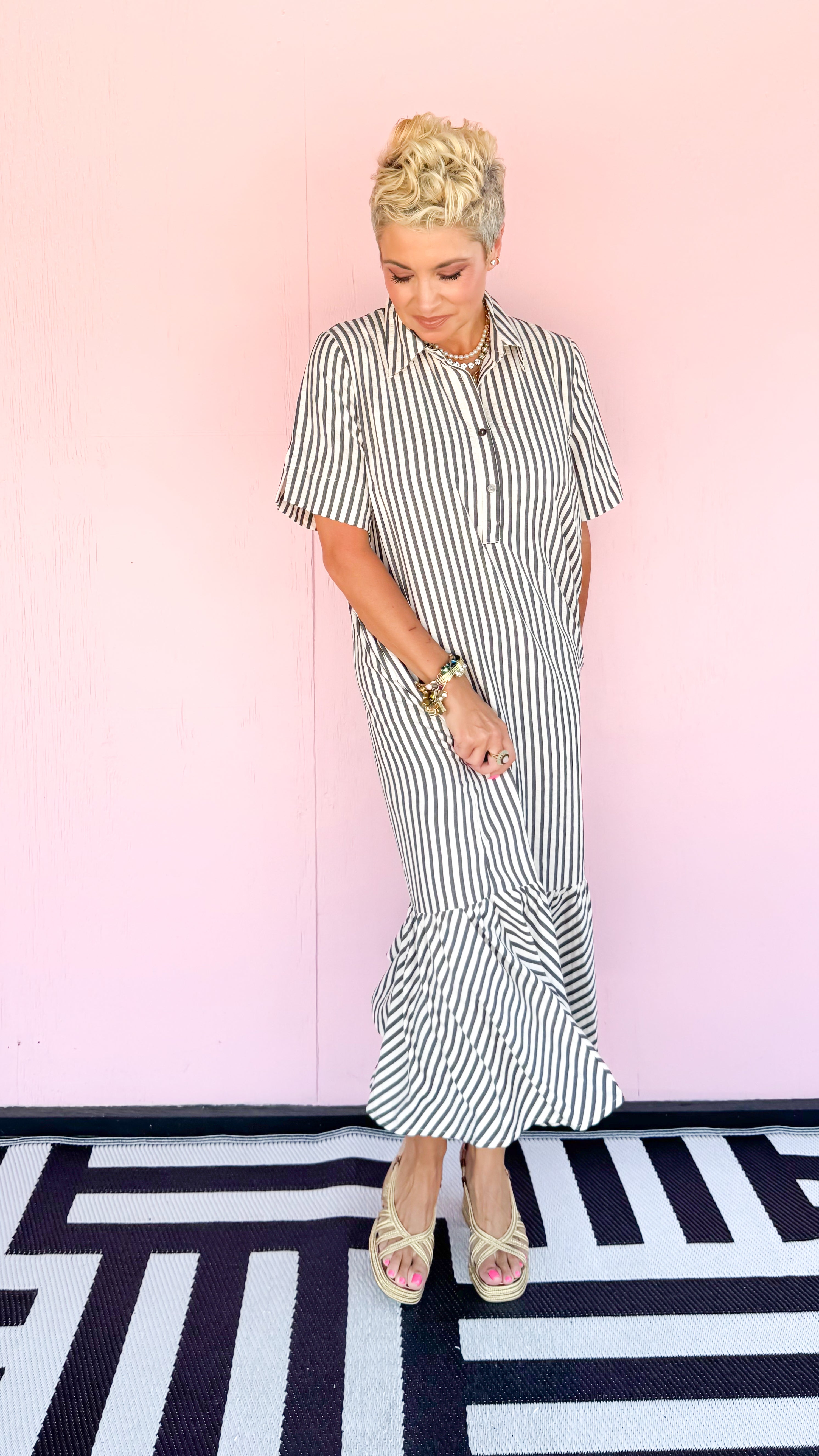 Saline Striped Midi Dress/Black