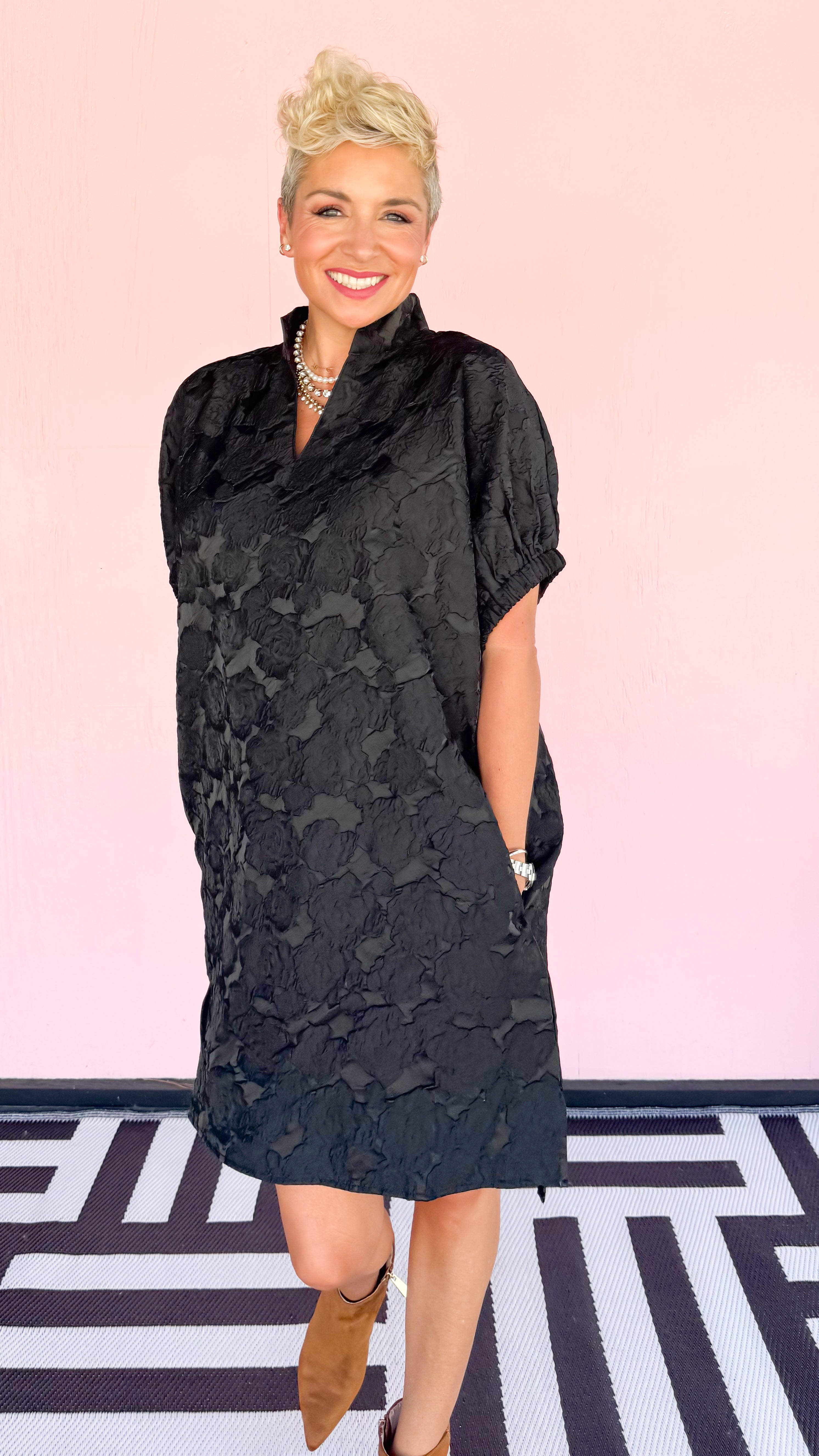 Rose Embossed Short Dress/Black